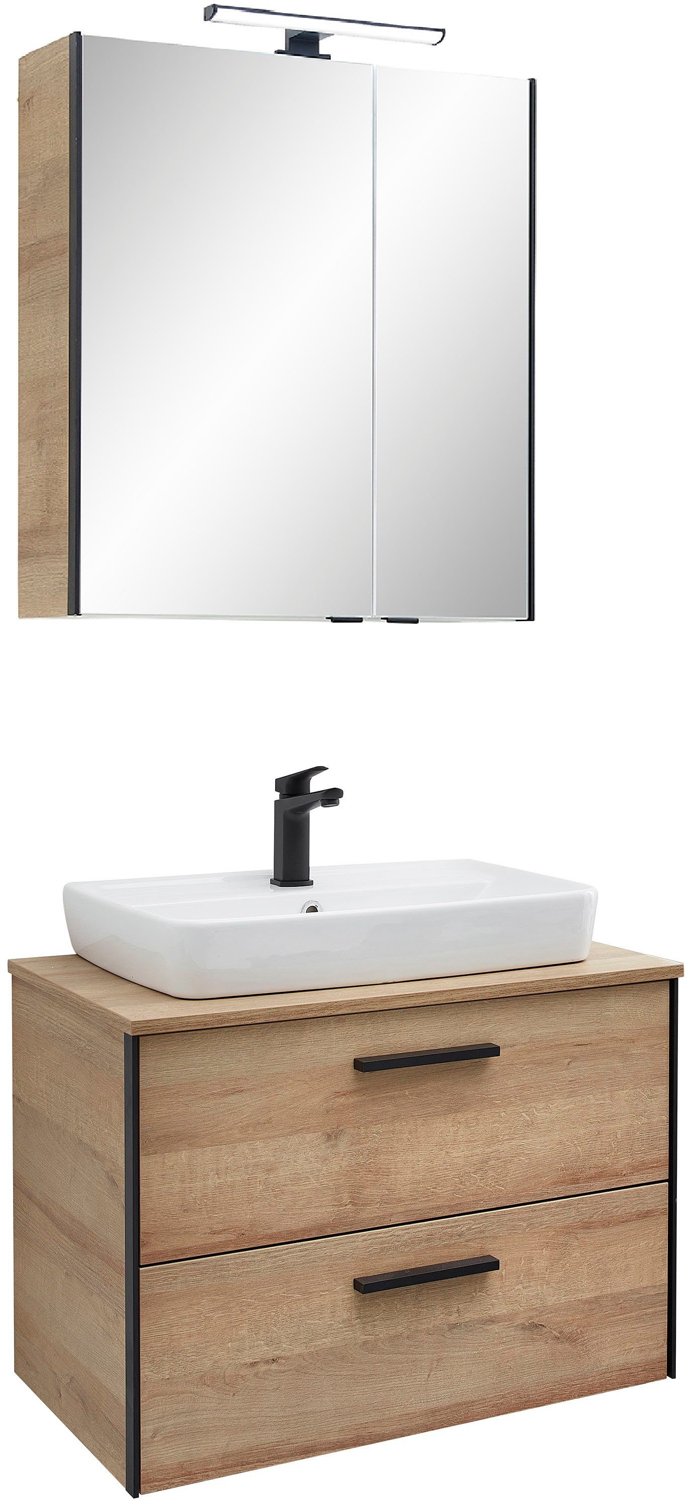 Saphir Badkamerserie Quickset 395 2-delig, keramieken opzetwasbak met led-spiegelkast Wastafelmeubel 73 cm breed, 2 laden, wastafelblad, badkameraccessoireset (4-delig)