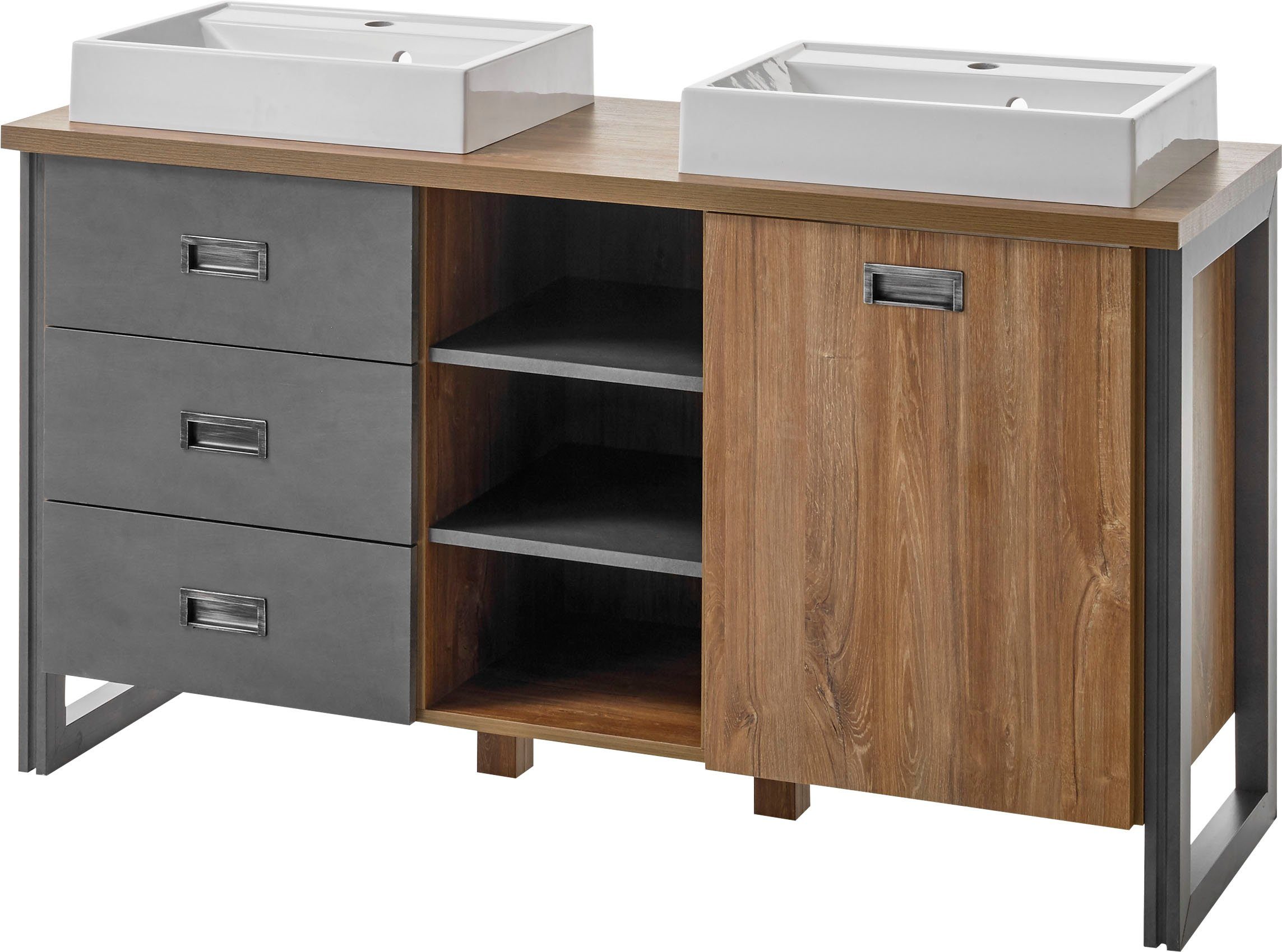 Home affaire Wastafelonderkast Detroit Breedte 138 cm, 2 opzetwasbak van mineraalgietwerk wastafelmeubels bruin