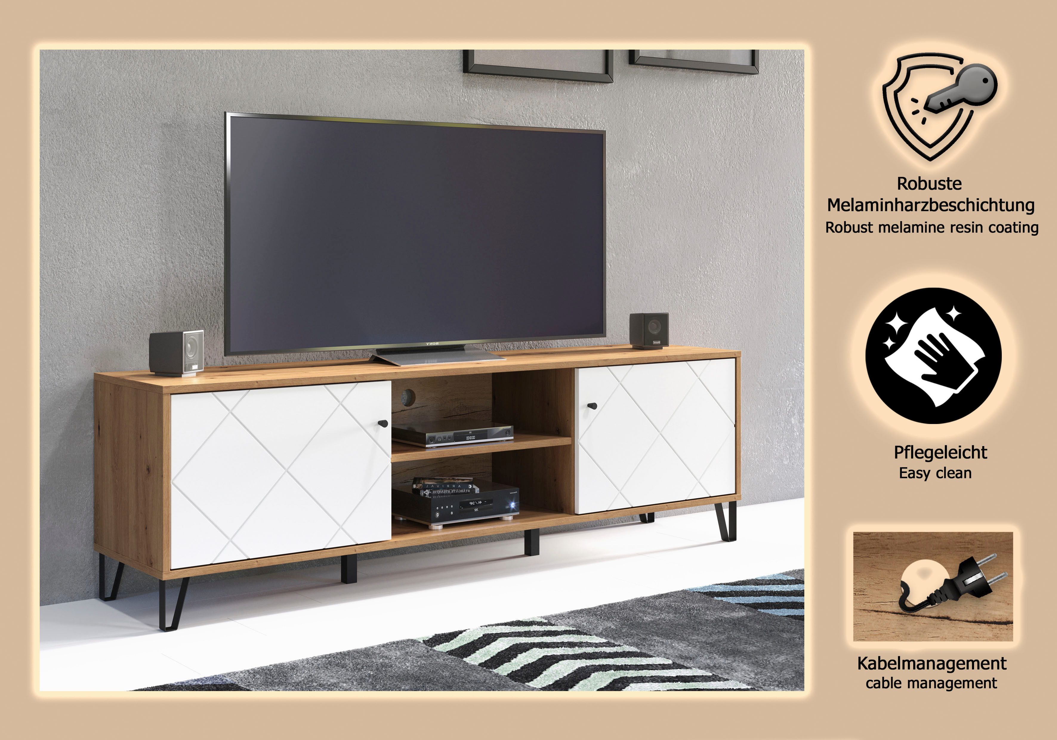 Places of Style Tv-meubel Tarragona TV-kast TV-lowboard met frezingen in ruitlook en kabeldoorvoer, Br.183 cm