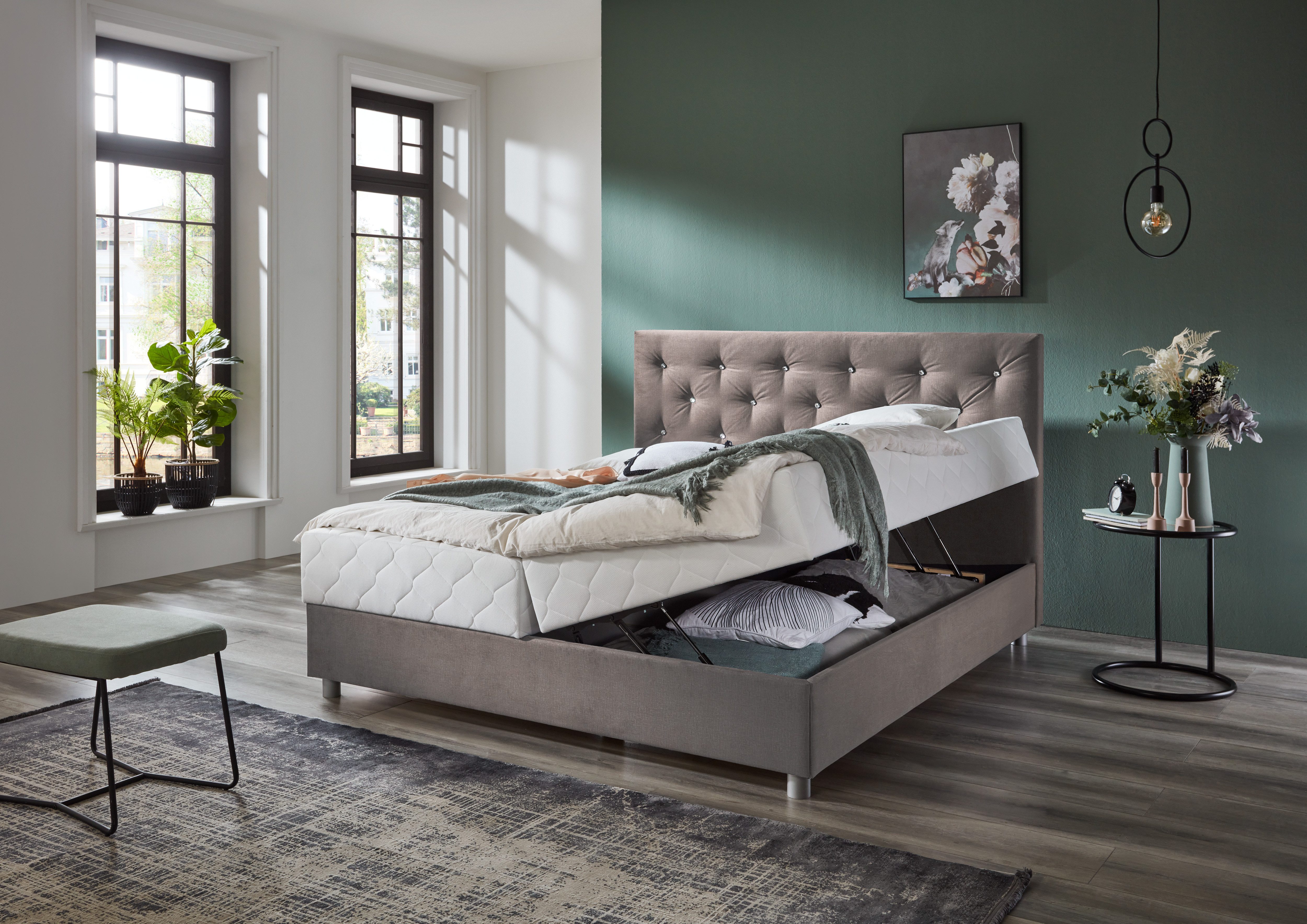ATLANTIC home collection Boxspring CELIA in hoogwaardige fluweellook met pocketveringsmatras, bedkist en strassteentjes