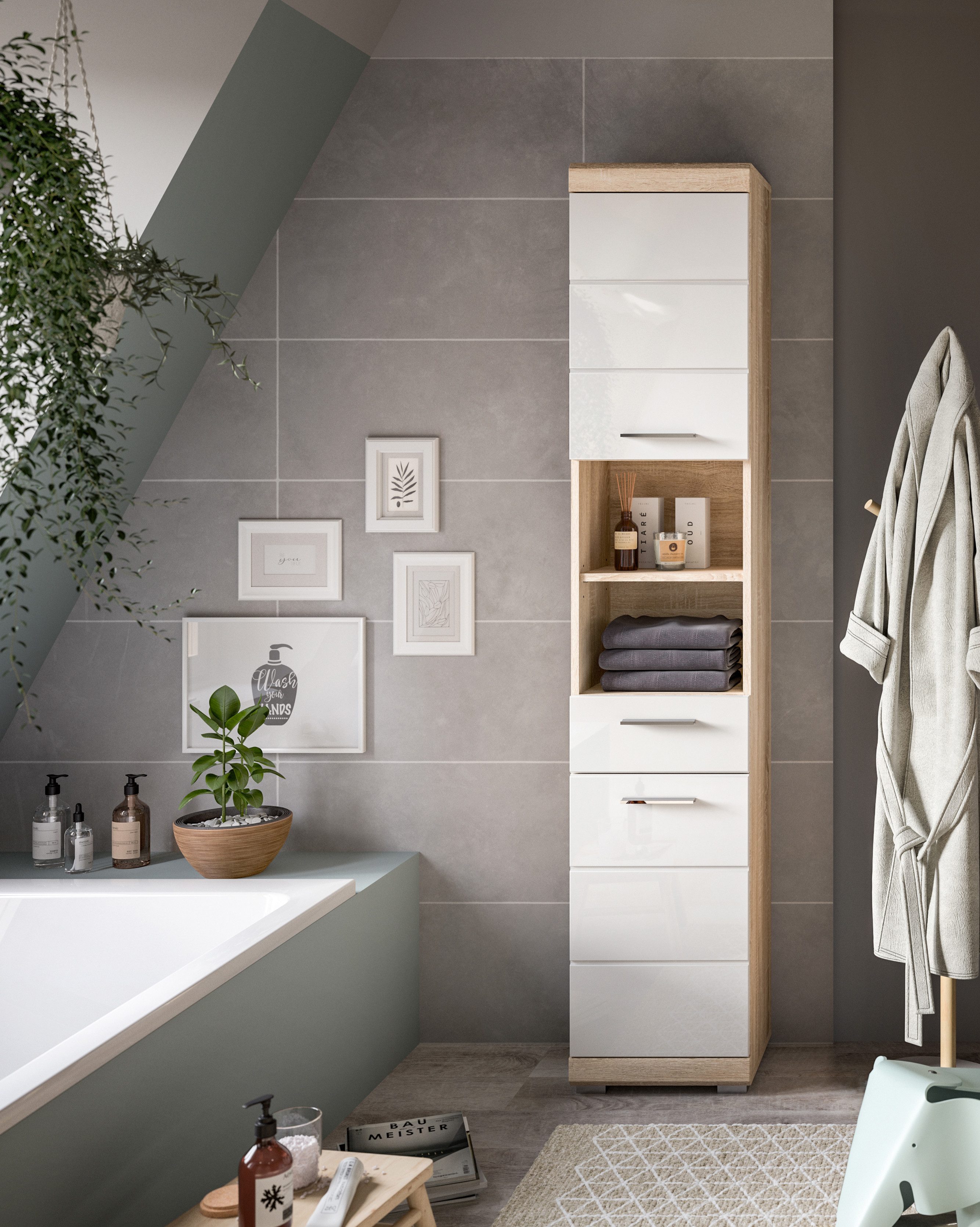 INOSIGN Hoge kast Siena, breedte 37 cm, 2 deuren, 1 lade, 2 open vakken, MDF-front in verschillende kleuren verkrijgbaar, badkamermeubels, badkamerkast, kast, badkamer (1 stuk)