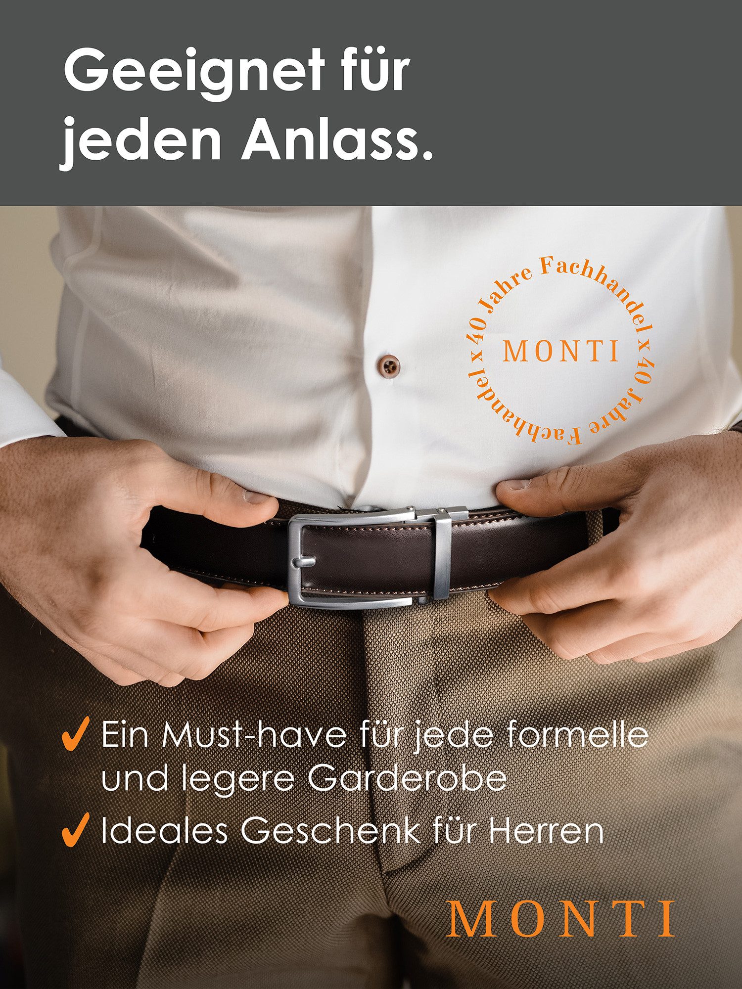MONTI Leren riem 3,5 cm breed, klassiek-business, automatische sluiting - past altijd