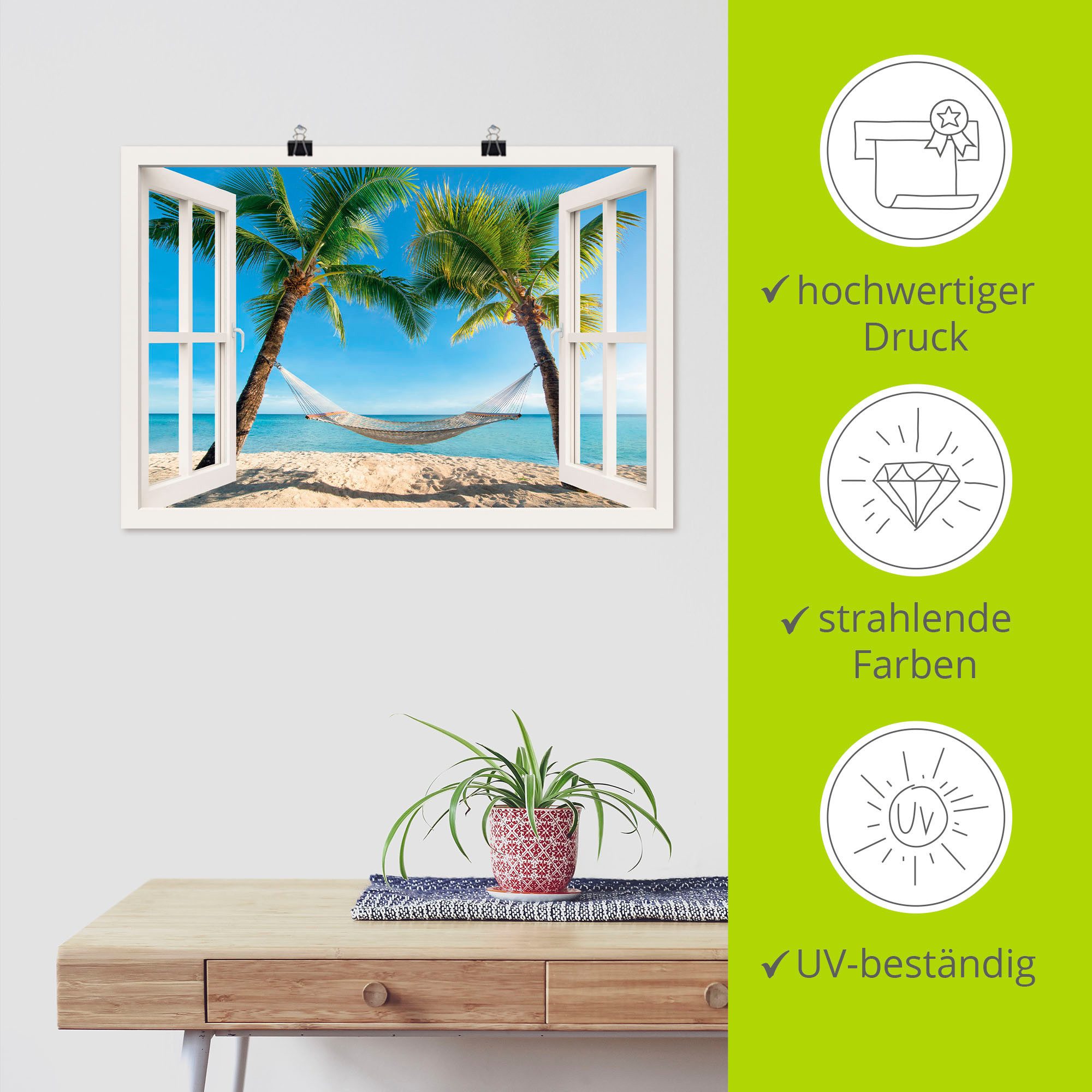 Artland Artprint Blik uit het venster palmenstrand Caribic als artprint van aluminium, artprint voor buiten, artprint op linnen, poster, muursticker