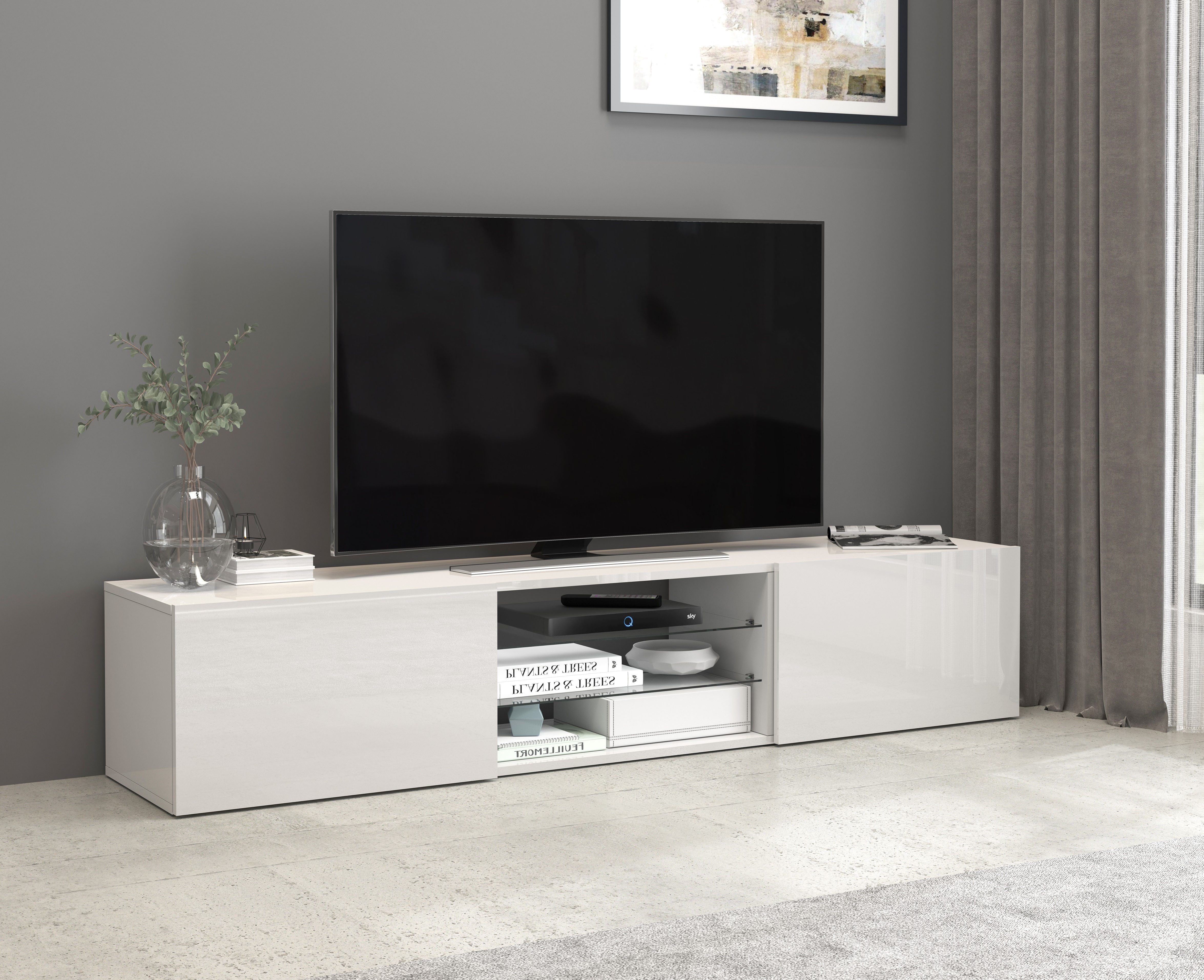 INOSIGN Tv-meubel Egypt, Lowboard, TV-ladekast, TV-meubel, TV-bank met 2 kleppen, 2 glazen planken, volledig hoogglans gelakt (b/d/h) 180x38x35 cm