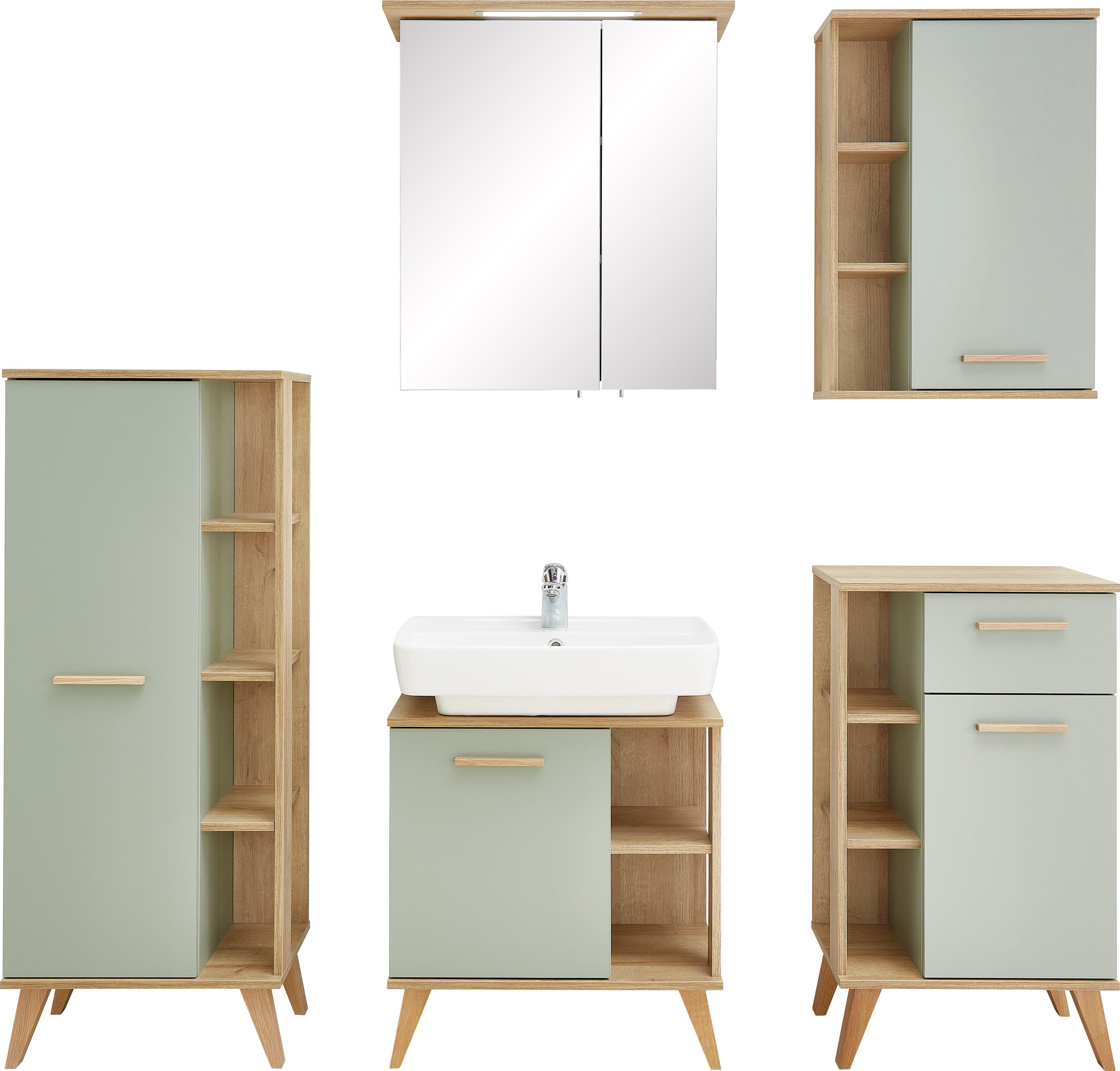 Saphir Badkamerserie Quickset 5-delig, wastafelonderkast met led-spiegelkast Onderkast, hangend kastje, halfhoge kast, inclusief deurdemper, 6 deuren (5-delig)
