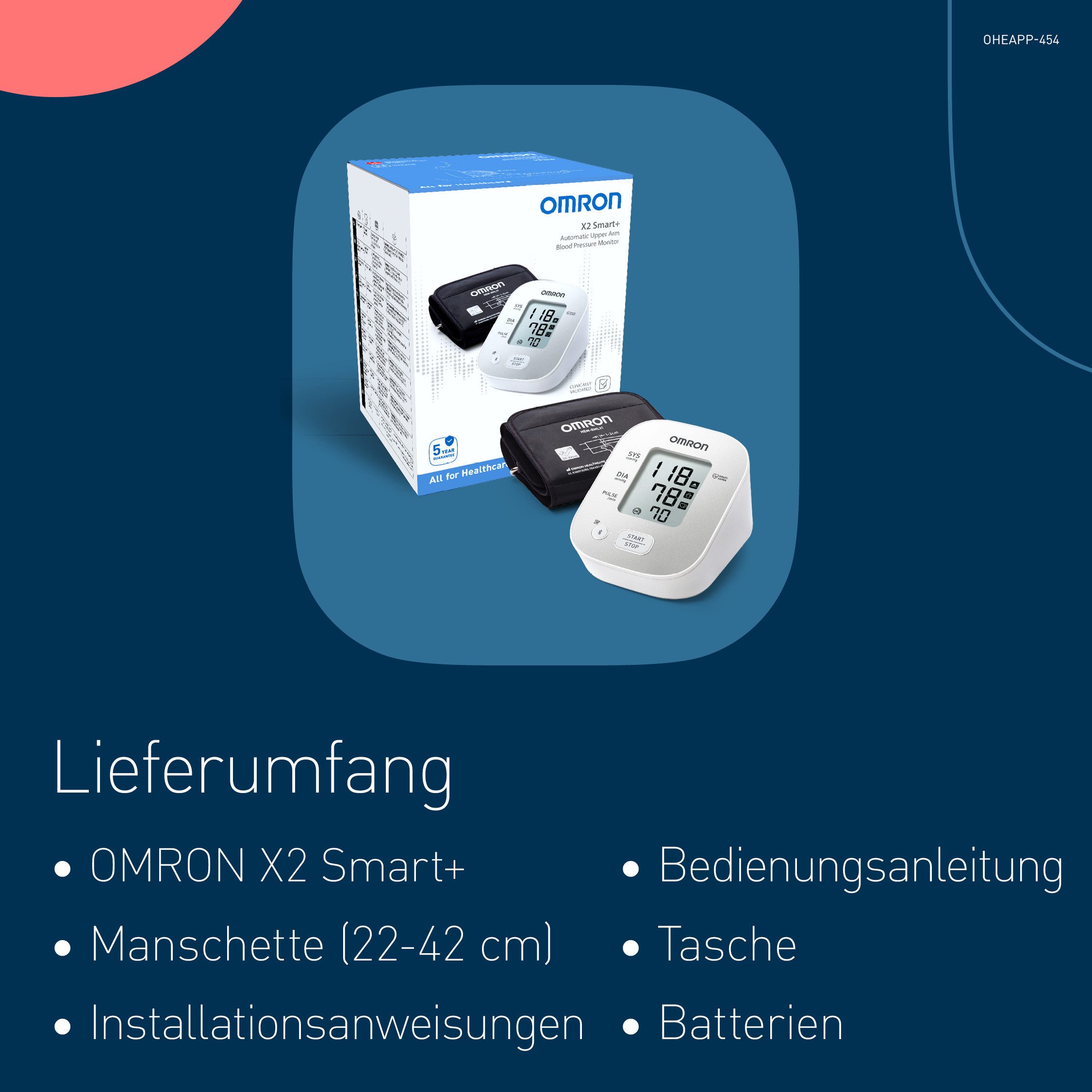 Omron Bovenarm bloeddrukmeter OMRON X2 Smart+ klinisch gevalideerd, met gratis app, universele manchet 22-42 cm