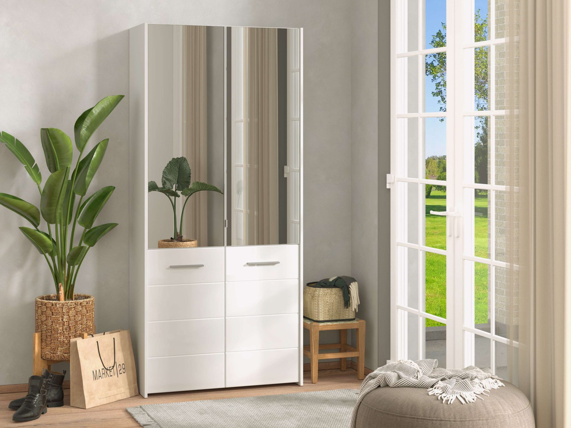 INOSIGN Schoenenkast Menorca schoenenkast, opslagkast, schoenenrek, breedte 90 cm met vier deuren, in moderne en elegante kleuren, met twee spiegels