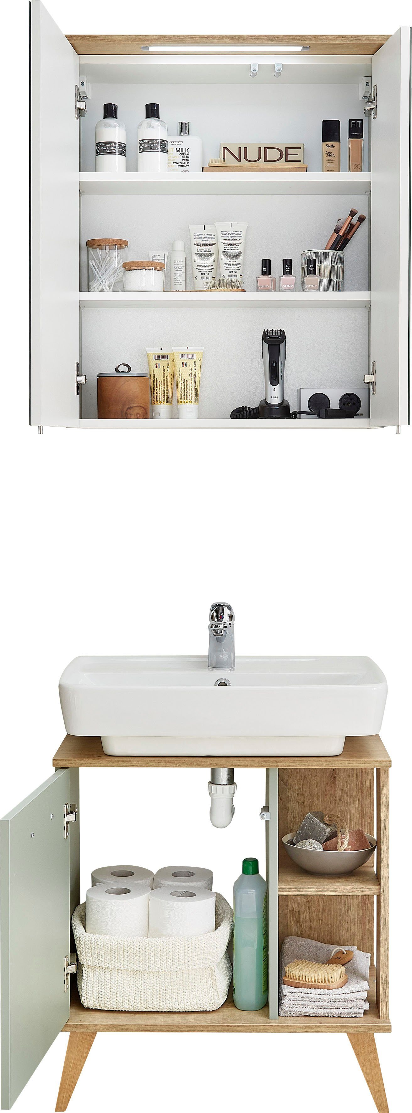 Saphir Badkamerserie Quickset 2-delig, wastafelonderkast met led-spiegelkast Wasplaats incl. deurdemper, 3 deuren, 2 legplanken, zijplanken (2-delig)