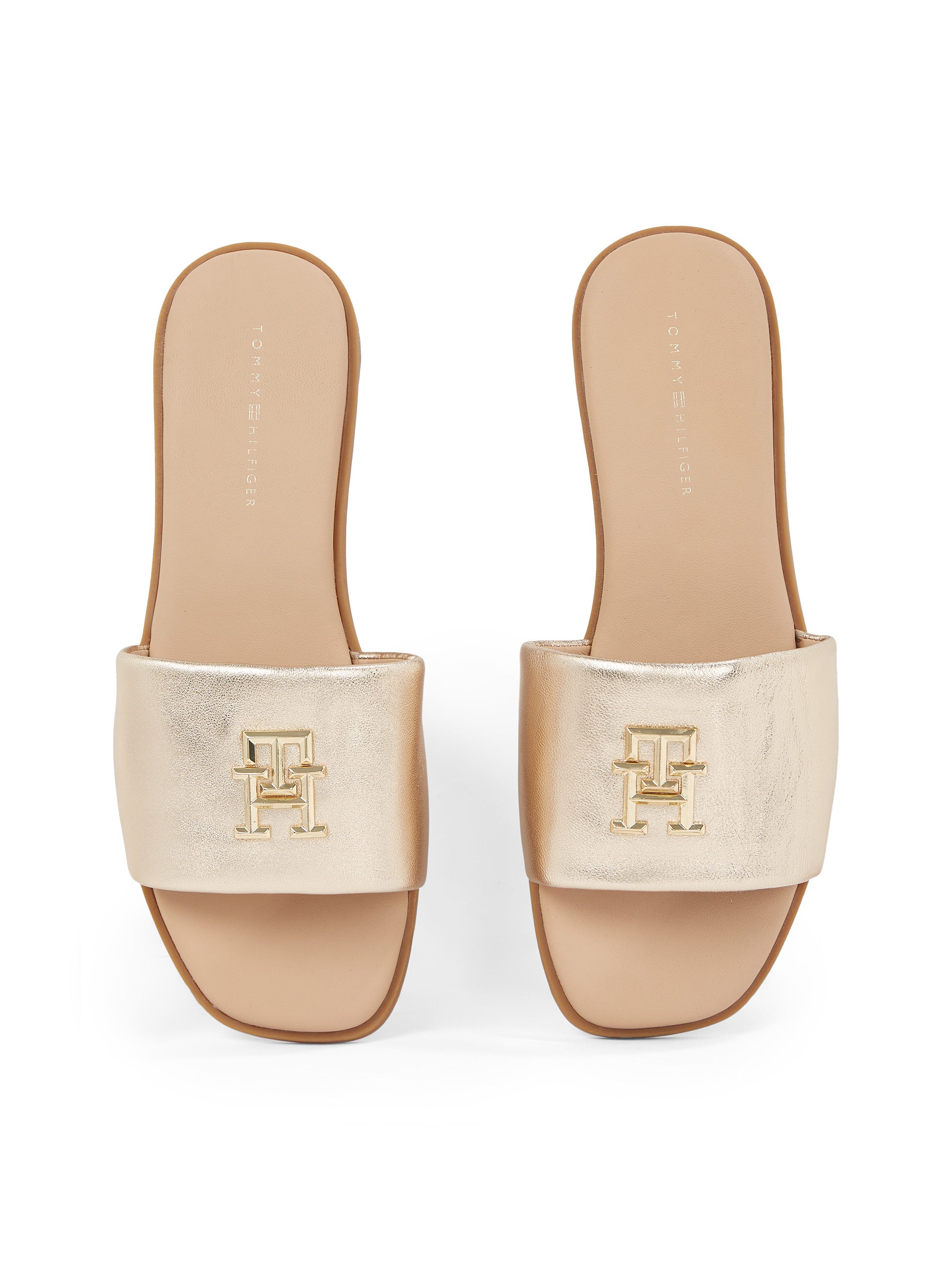 Tommy Hilfiger Slippers TH LOGO HW METALLIC LEATHER MULE , zomerschoen, flats, comfortabele schoen met th-sieraandeel
