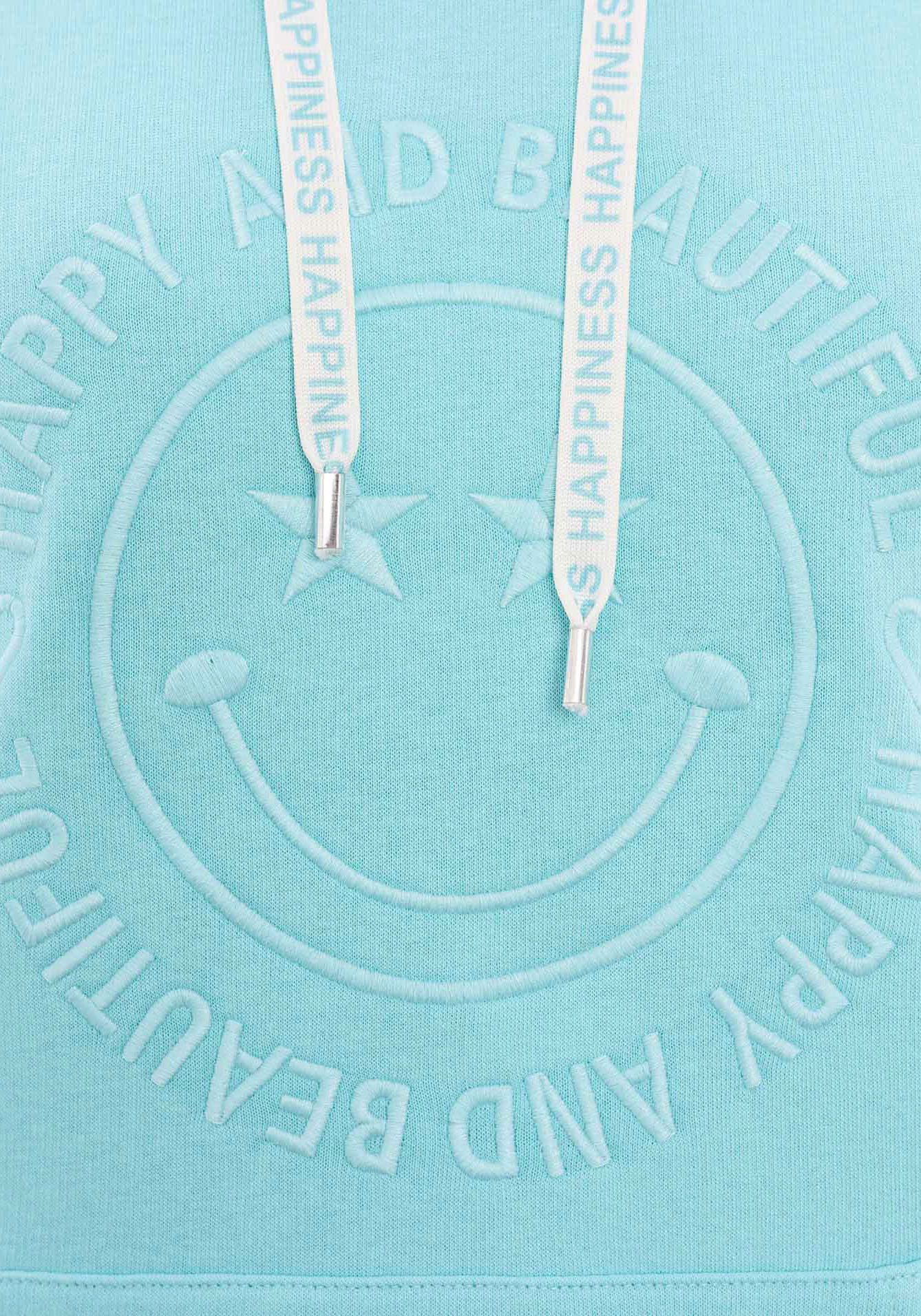 Zwillingsherz Hoodie Happy and Beautiful met gelijkkleurige smiley-borduursel en bindbanden met inscriptie