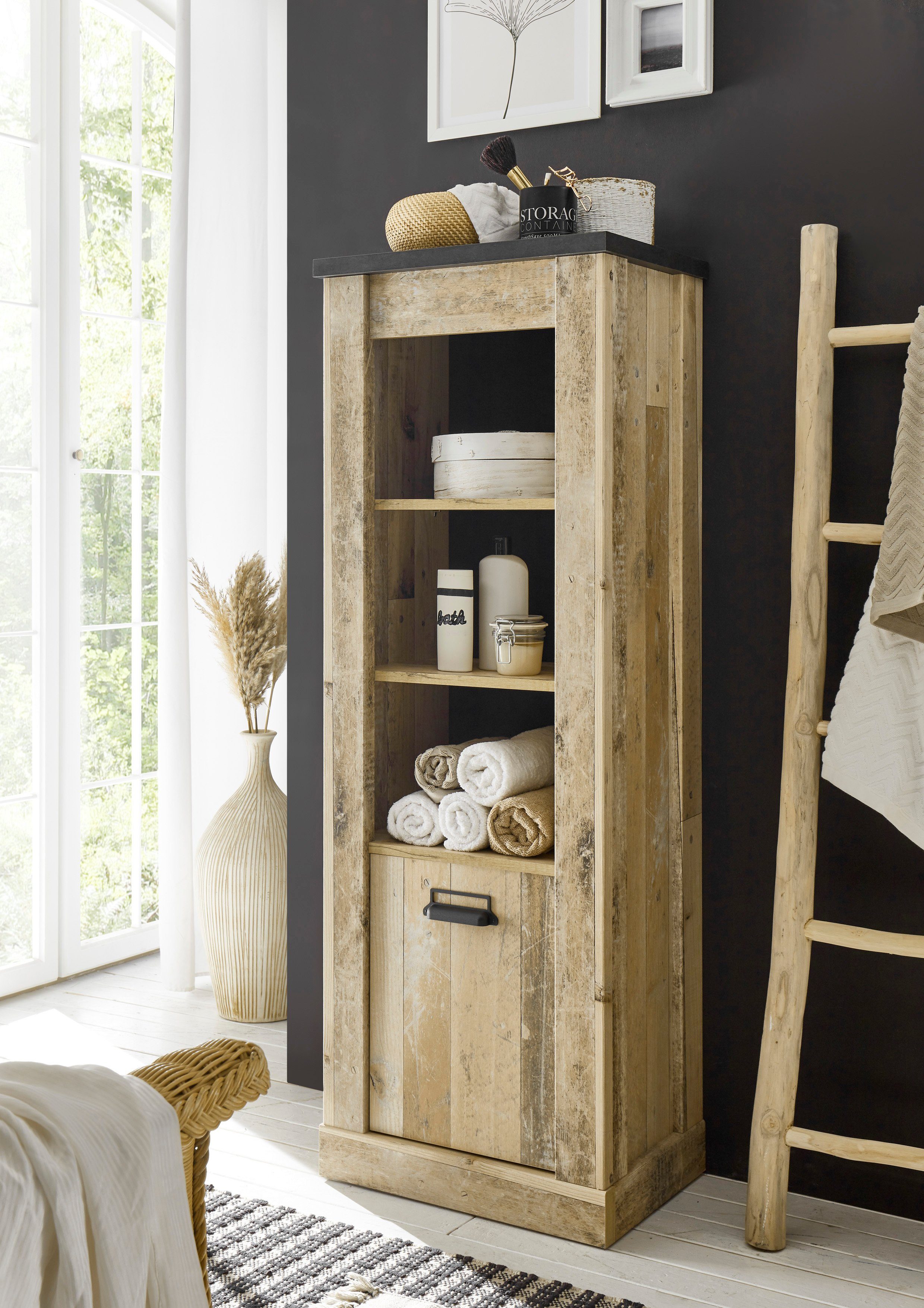 Home affaire Badkamerserie Sherwood in houtdecor, met schuurdeurbeslag en apothekersgrepen van metaal (3-delig)