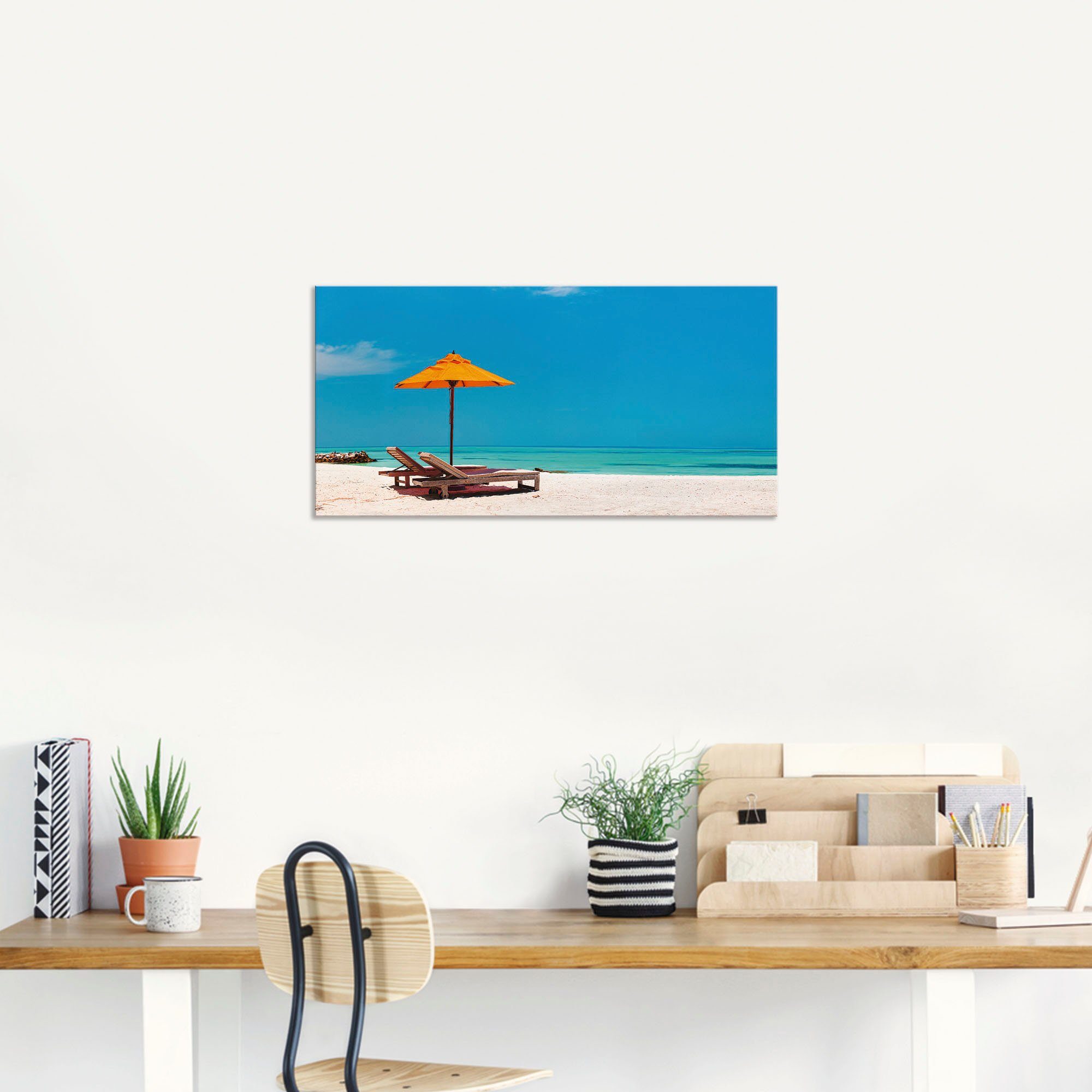 Artland Artprint Ligstoel parasol strand Malediven als artprint van aluminium, artprint voor buiten, artprint op linnen, poster, muursticker