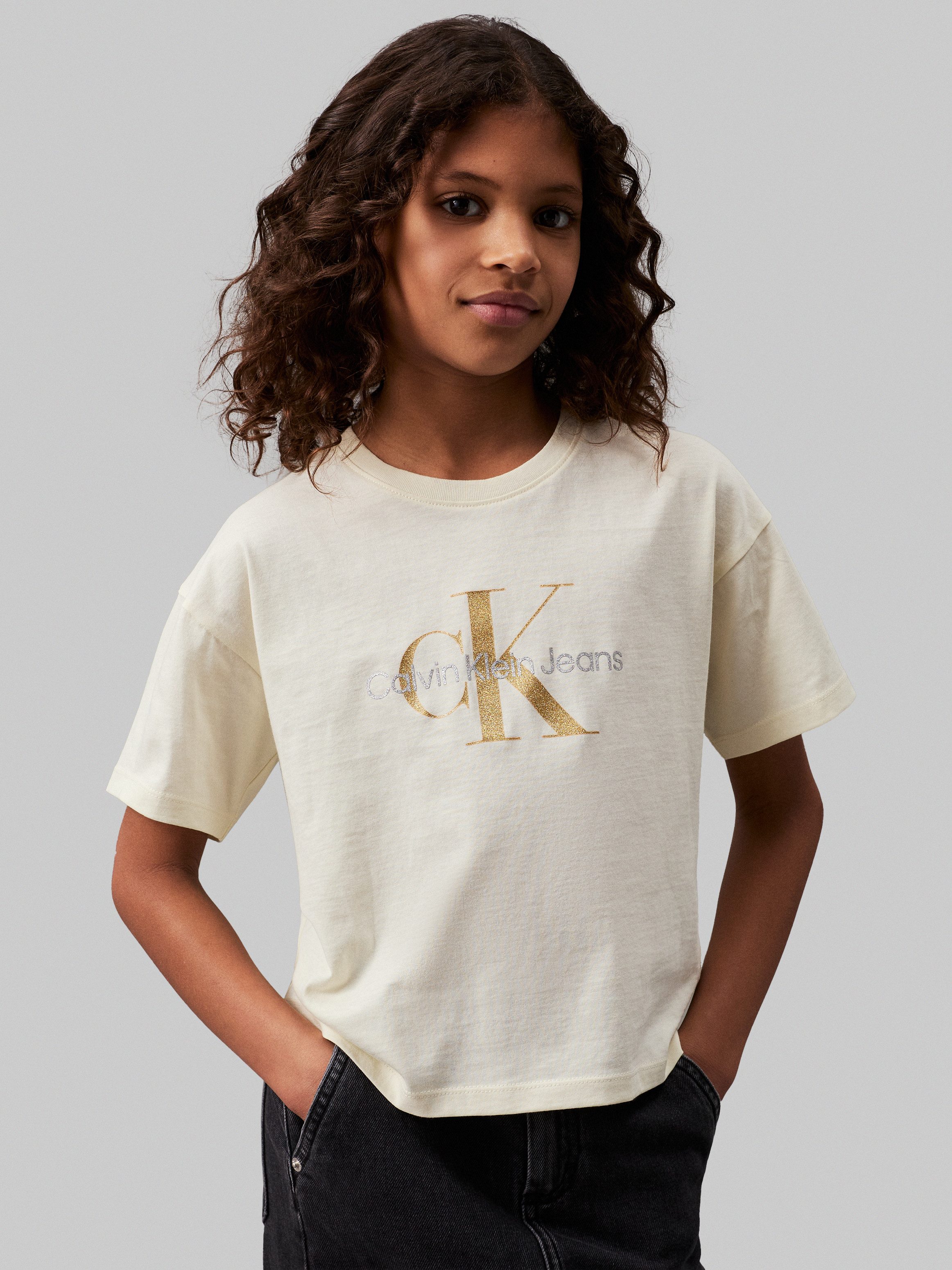 Calvin Klein T-shirt GLITTER MONOGRAM BOXY SS T-SHIRT voor kinderen tot 16 jaar met glinsterend merklabel