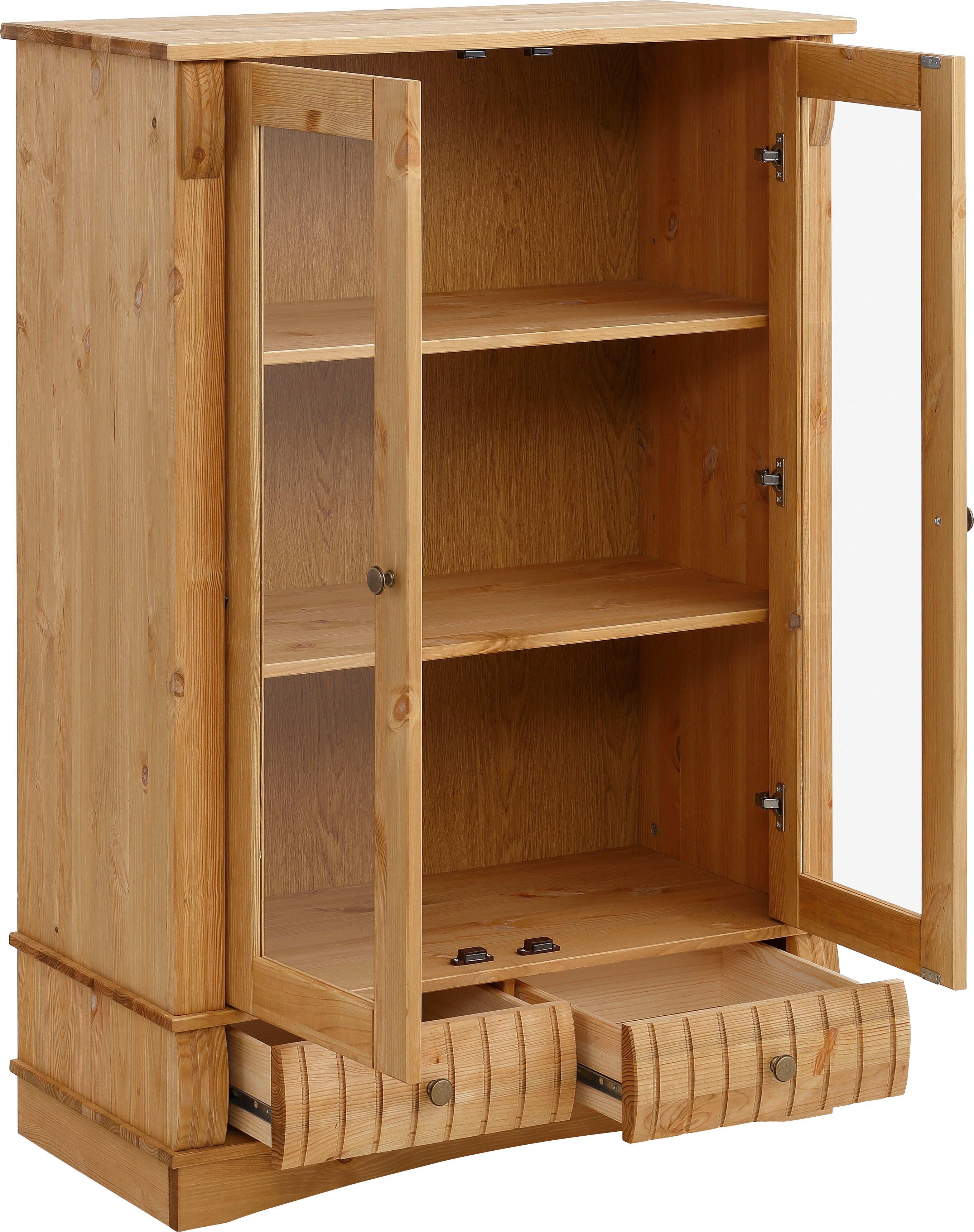 Home affaire Vitrinekast Teresa met 2 glazen deuren en 2 lades, hoogte 120 cm, van massief hout