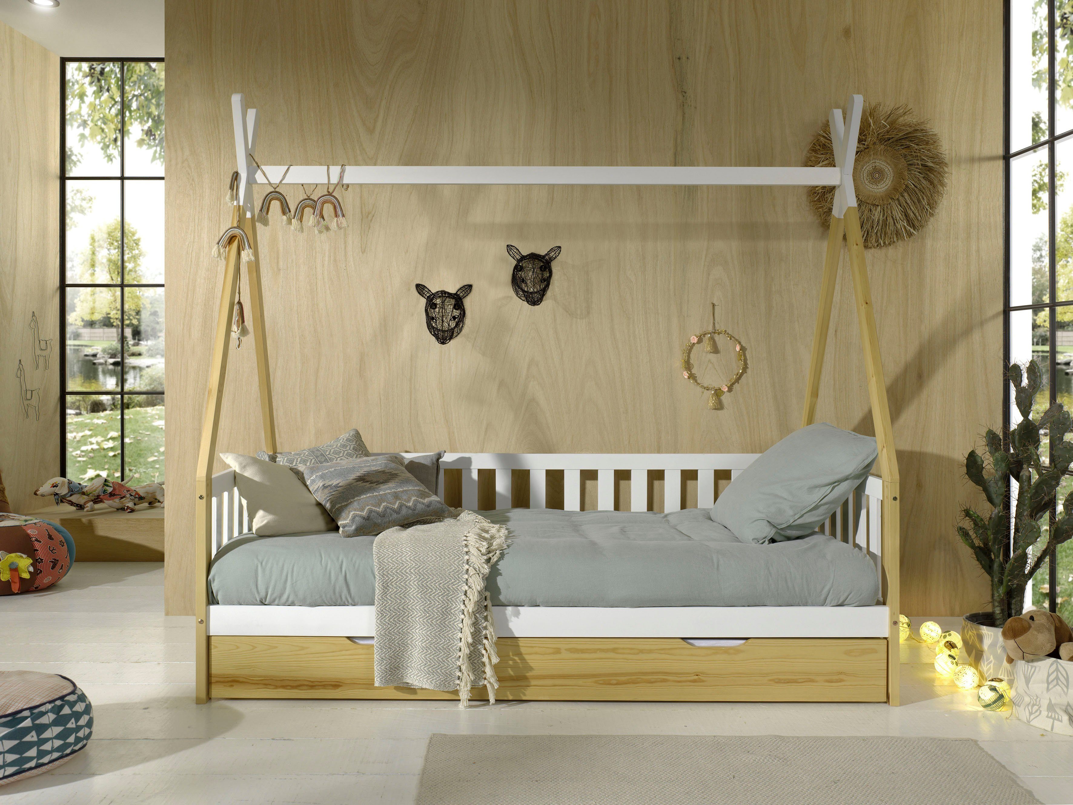 Vipack Kinderledikant Tipi, met dwarsbalk in tent-uitstraling, massief dennenhout eenpersoonsbedden beige