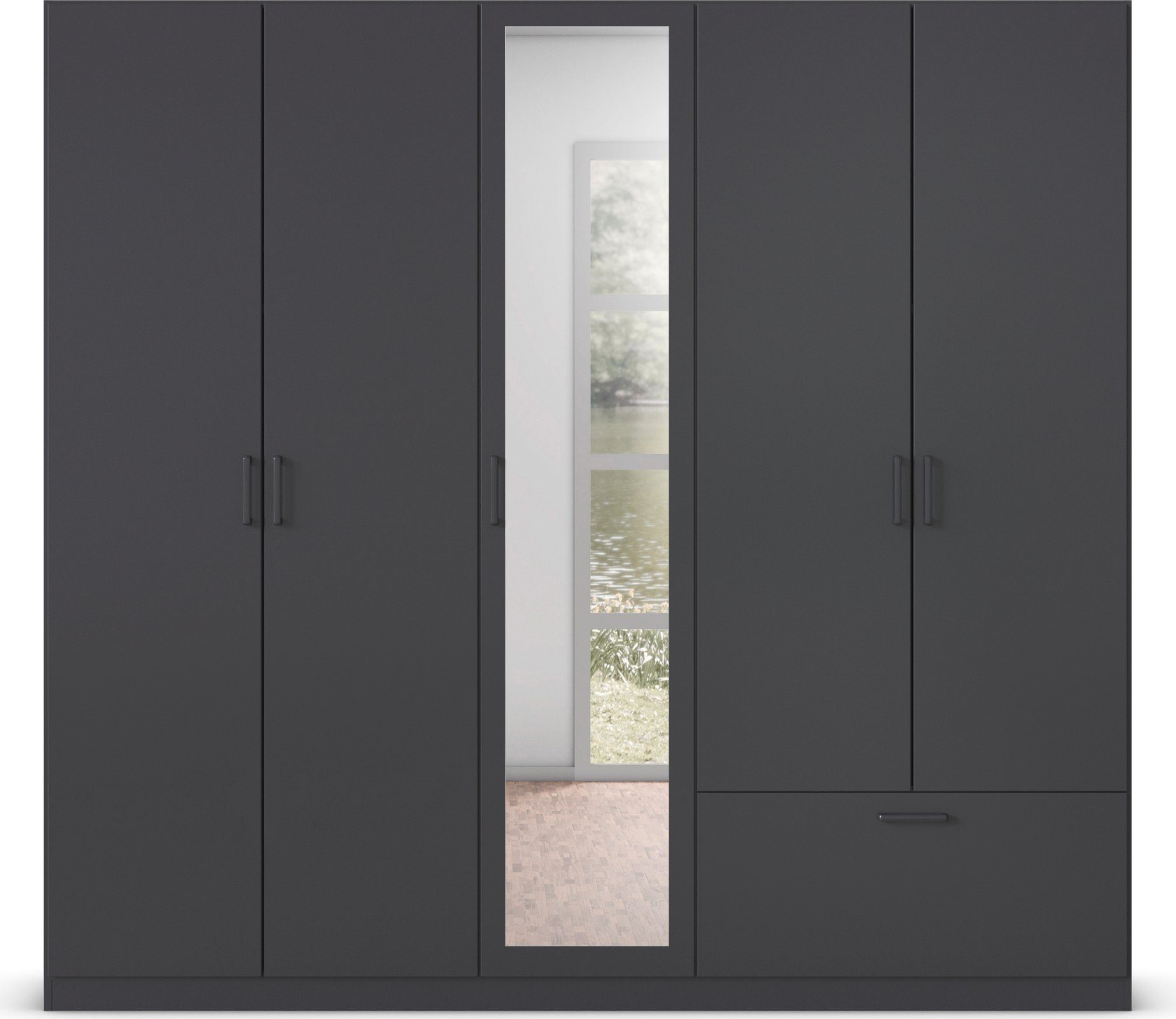 rauch Draaideurkast Kledingkast kast garderobe waskast BARI met spiegel met lades aan de buitenkant, moderne greep in grijs metallic made in germany