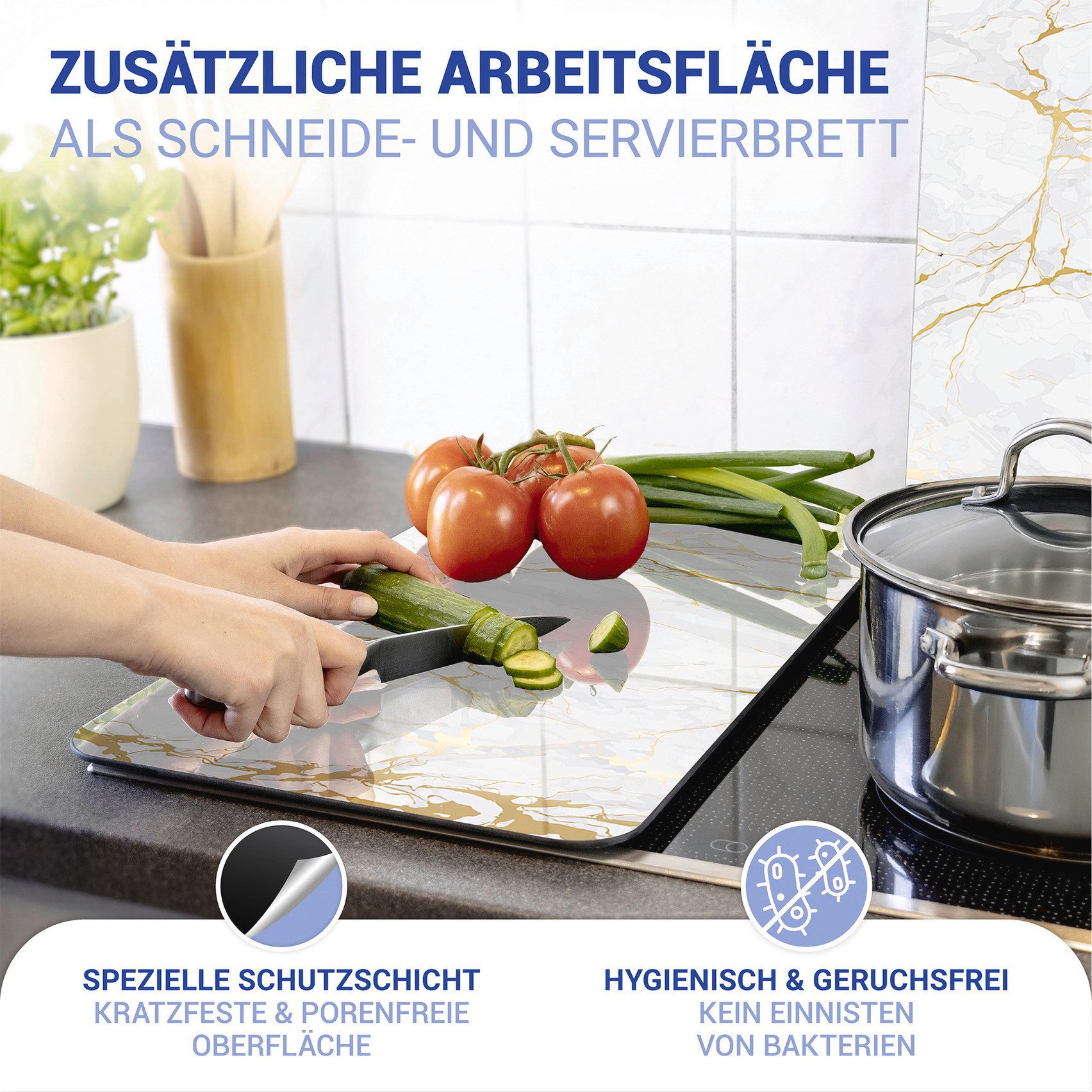 WENKO Kookplaatdeksel Universal Model Marmor Gold Kookplaatafdekking voor alle soorten kookplaten, krasvast, met antislipvoetjes (set, 2-delig)