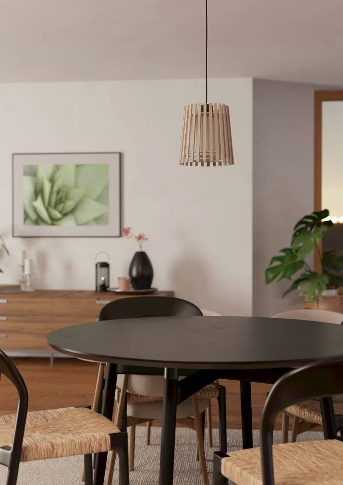 EGLO Hanglamp FATTORIA Hanglamp, hout, textiel in wit, metaal in zwart, E27, Ø 20 cm (1 stuk)