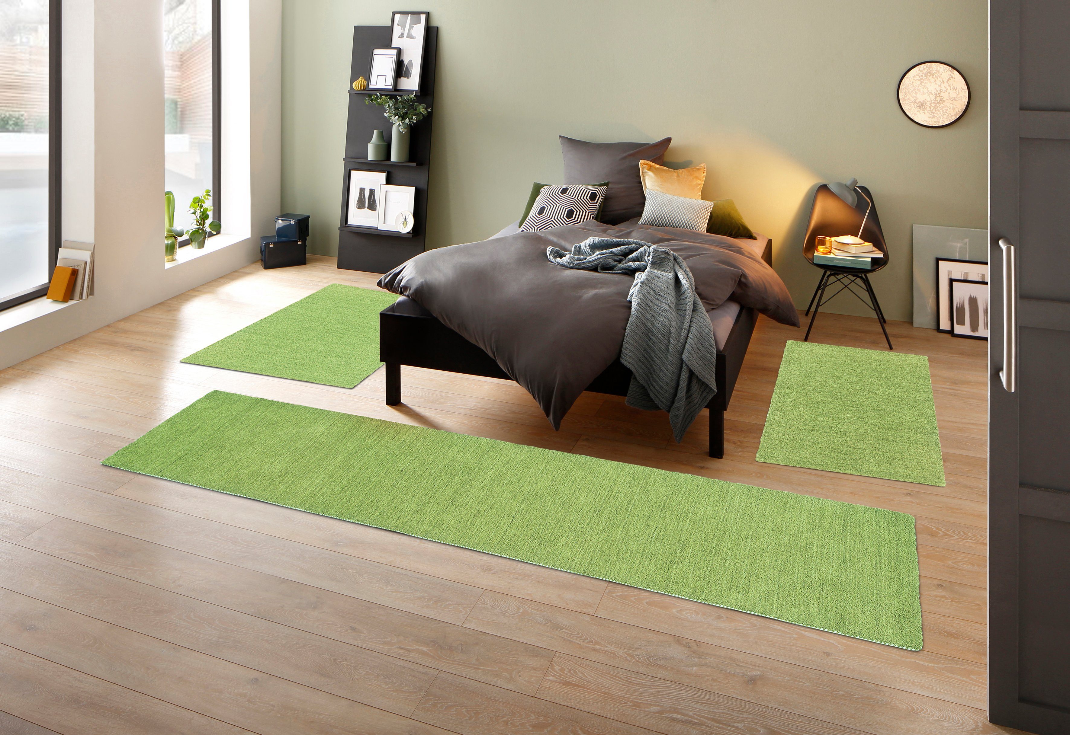 THEKO Set slaapkamerkleedjes Gabbeh uni, handgeweven tapijt, gemêleerd, 100% wol Slaapkamerkleed, unikleuren, met de hand geweven, loper-set, slaapkamer