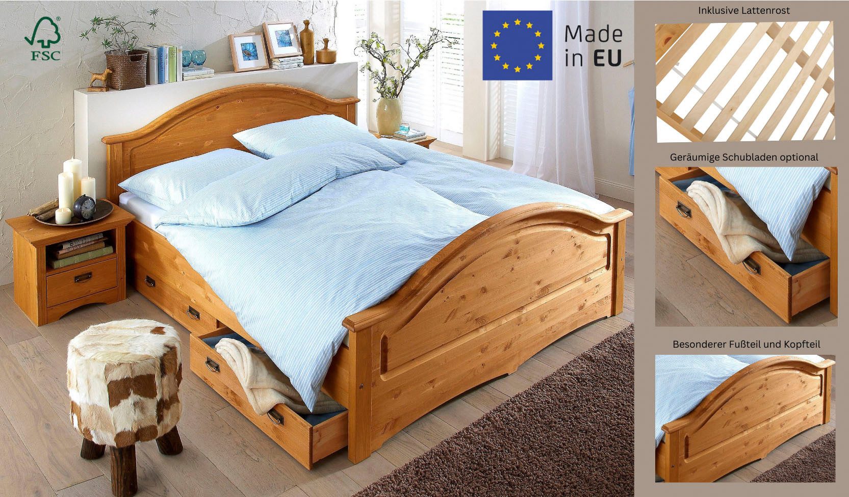 Home affaire Massief houten ledikant Konrad, hoge belasting! FSC® gecertificeerd massief hout van massief dennenhout, fsc®-gecertificeerd, inclusief lattenbodem