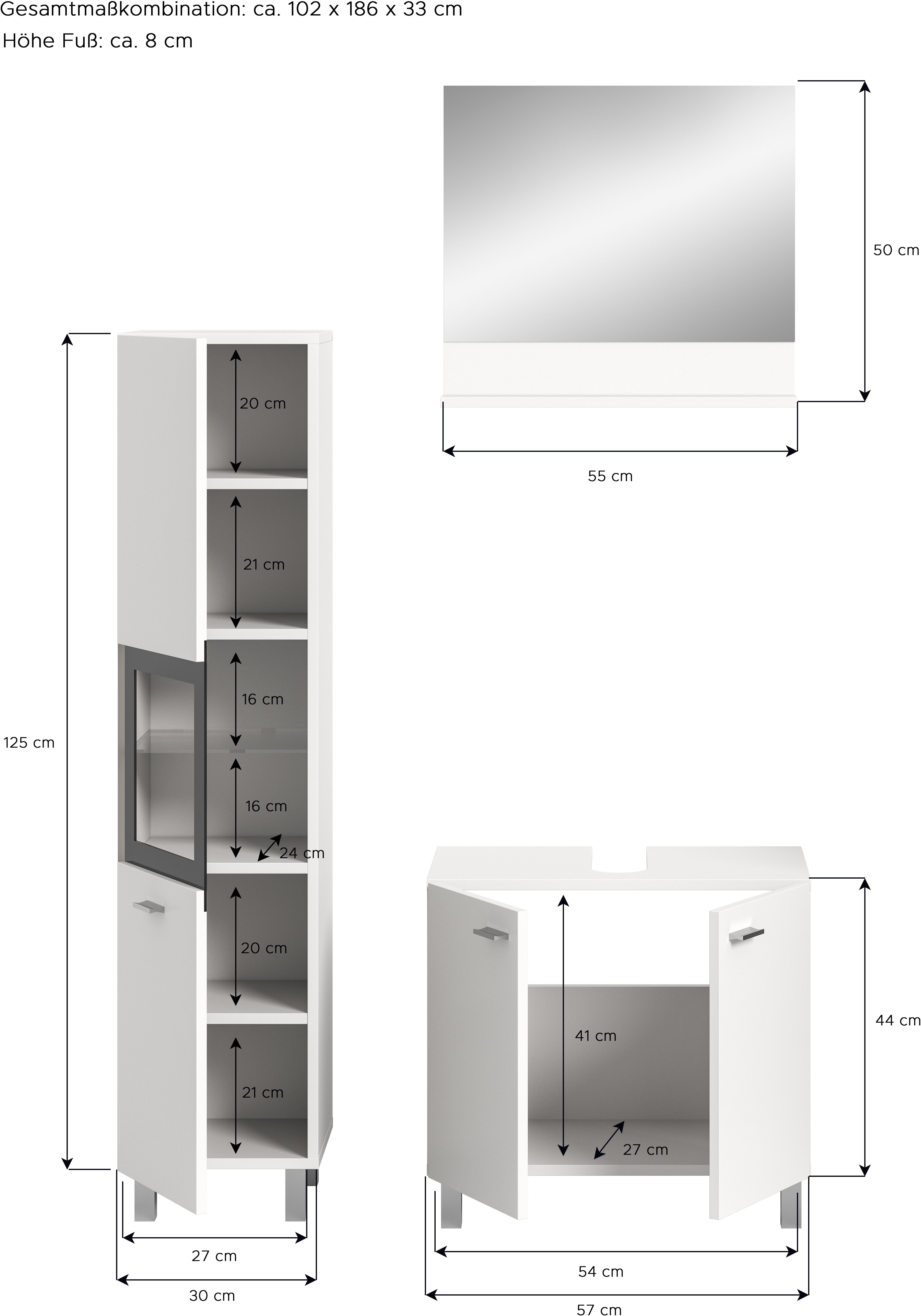 welltime Badmeubelset Tampa, breedte 102cm, 3-delig Wastafelonderkast, spiegel, hoge kast (3 stuks)