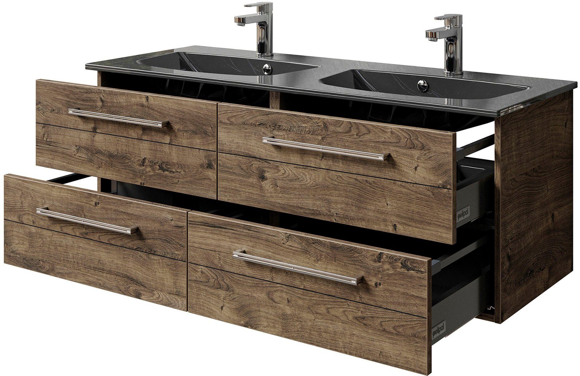 Saphir Wastafelonderkast Serie 6025 mineraalmarmeren wastafel met onderkast, 132 cm breed Dubbele wastafel met 4 lades, hangend, verschillende uitvoeringen (2-delig)
