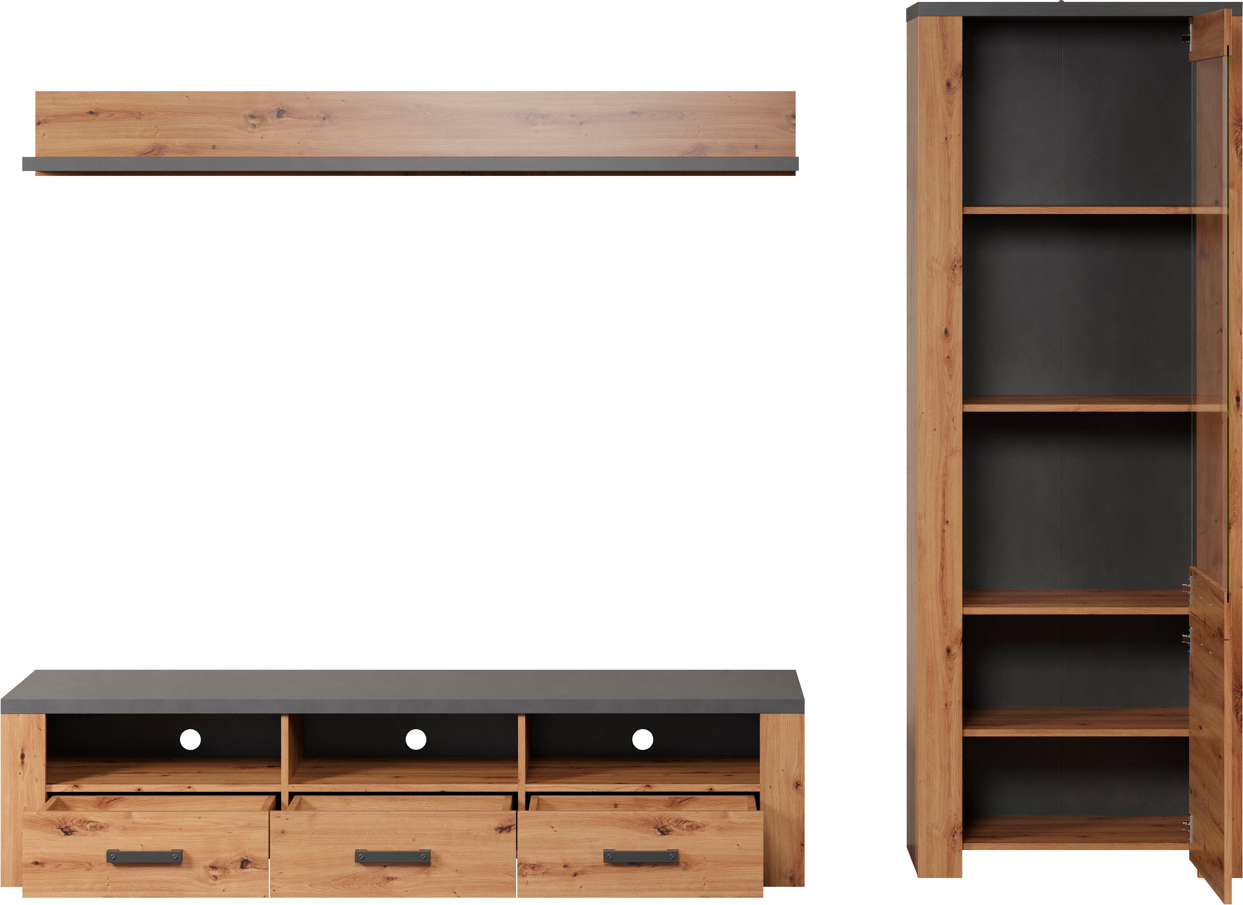 Home affaire Tv-wandmeubel Ambres Kleine, moderne tv-set, look van echt hout, breedte ca. 268 cm, mat (3-delig)