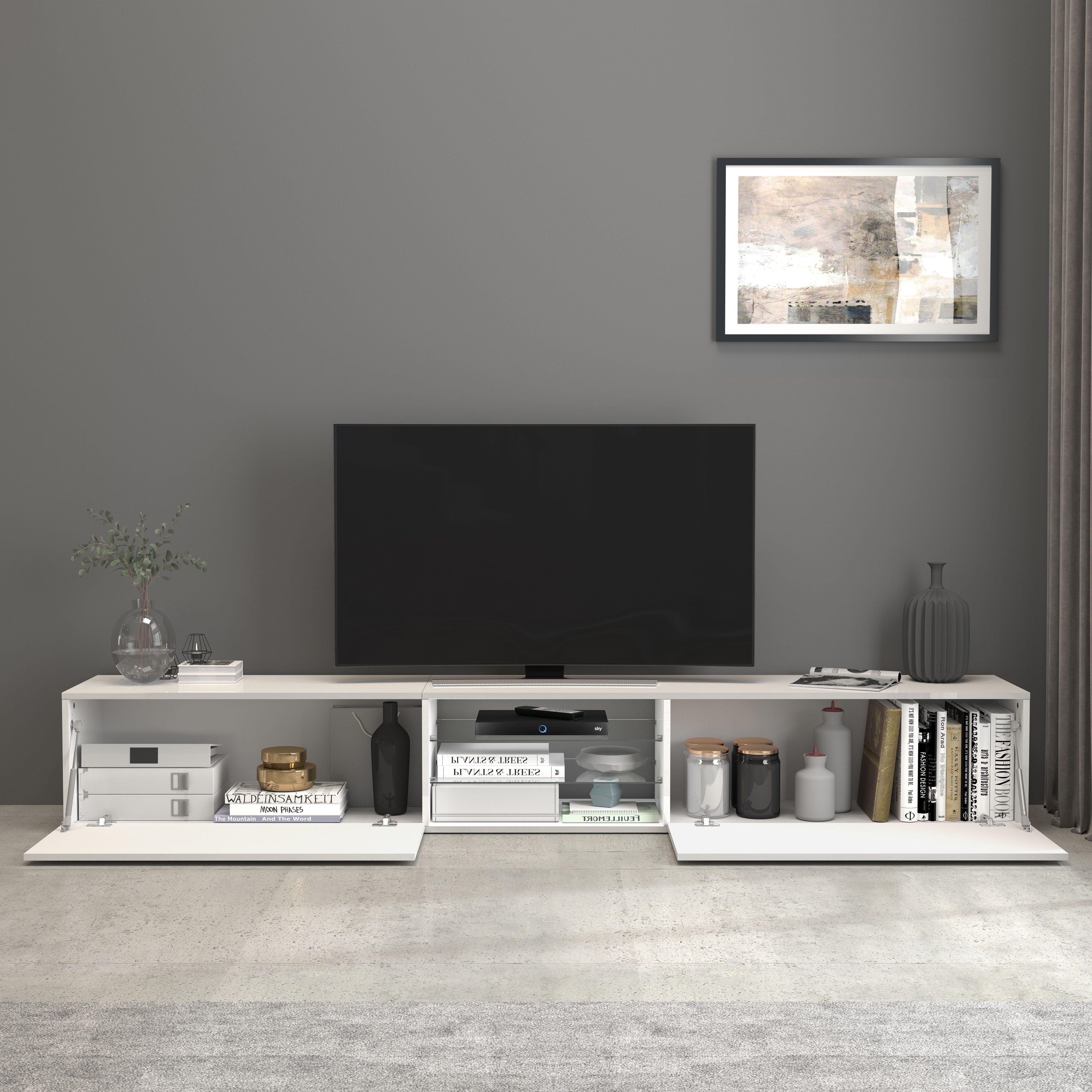 INOSIGN Tv-meubel Egypt, Lowboard, TV-ladekast, TV-meubel, TV-bank met 2 kleppen, 2 glazen planken, volledig hoogglans gelakt (b/d/h) 240x38x35 cm