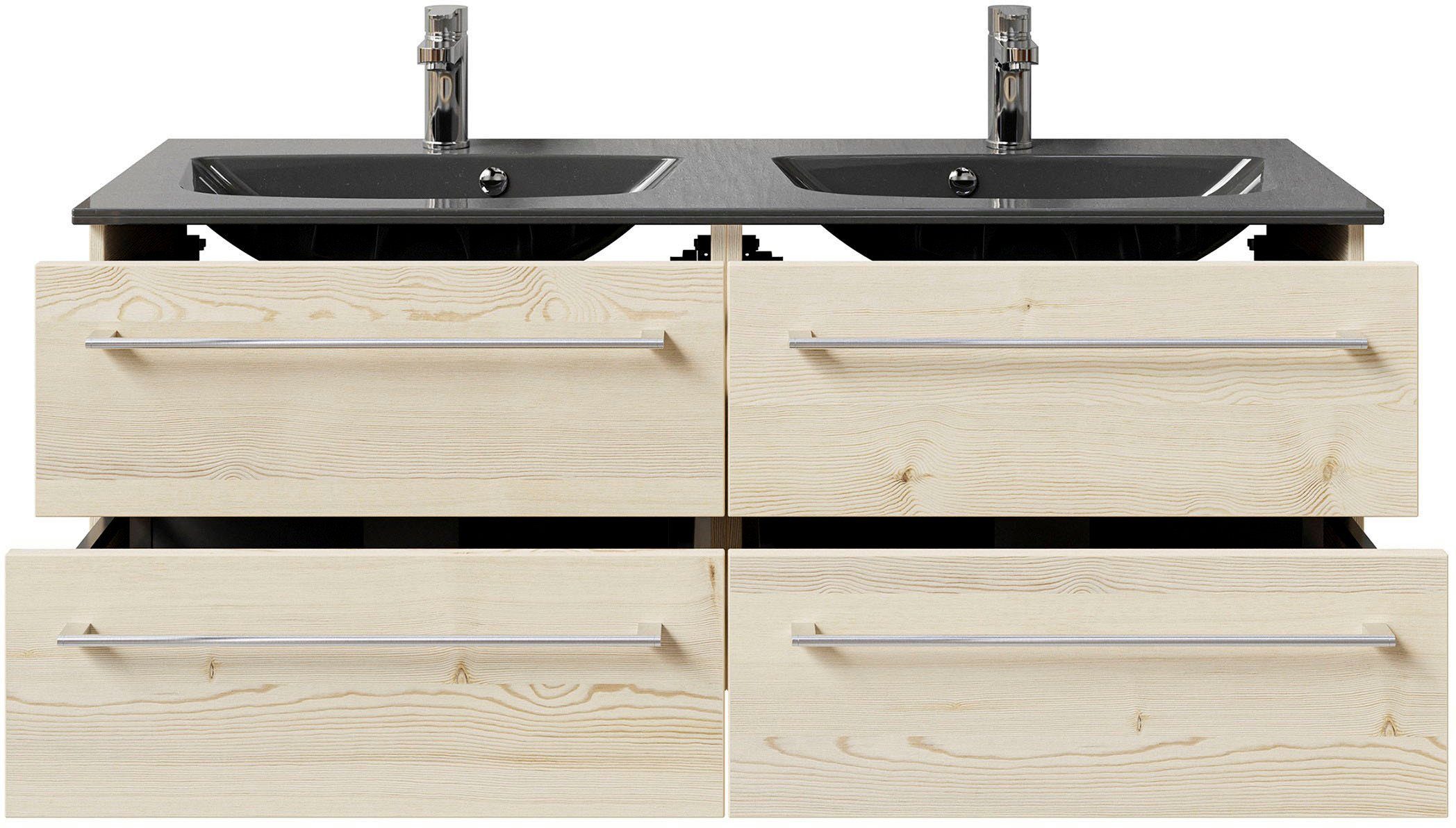Saphir Wastafelonderkast Serie 6025 mineraalmarmeren wastafel met onderkast, 132 cm breed Dubbele wastafel met 4 lades, hangend, verschillende uitvoeringen (2-delig)