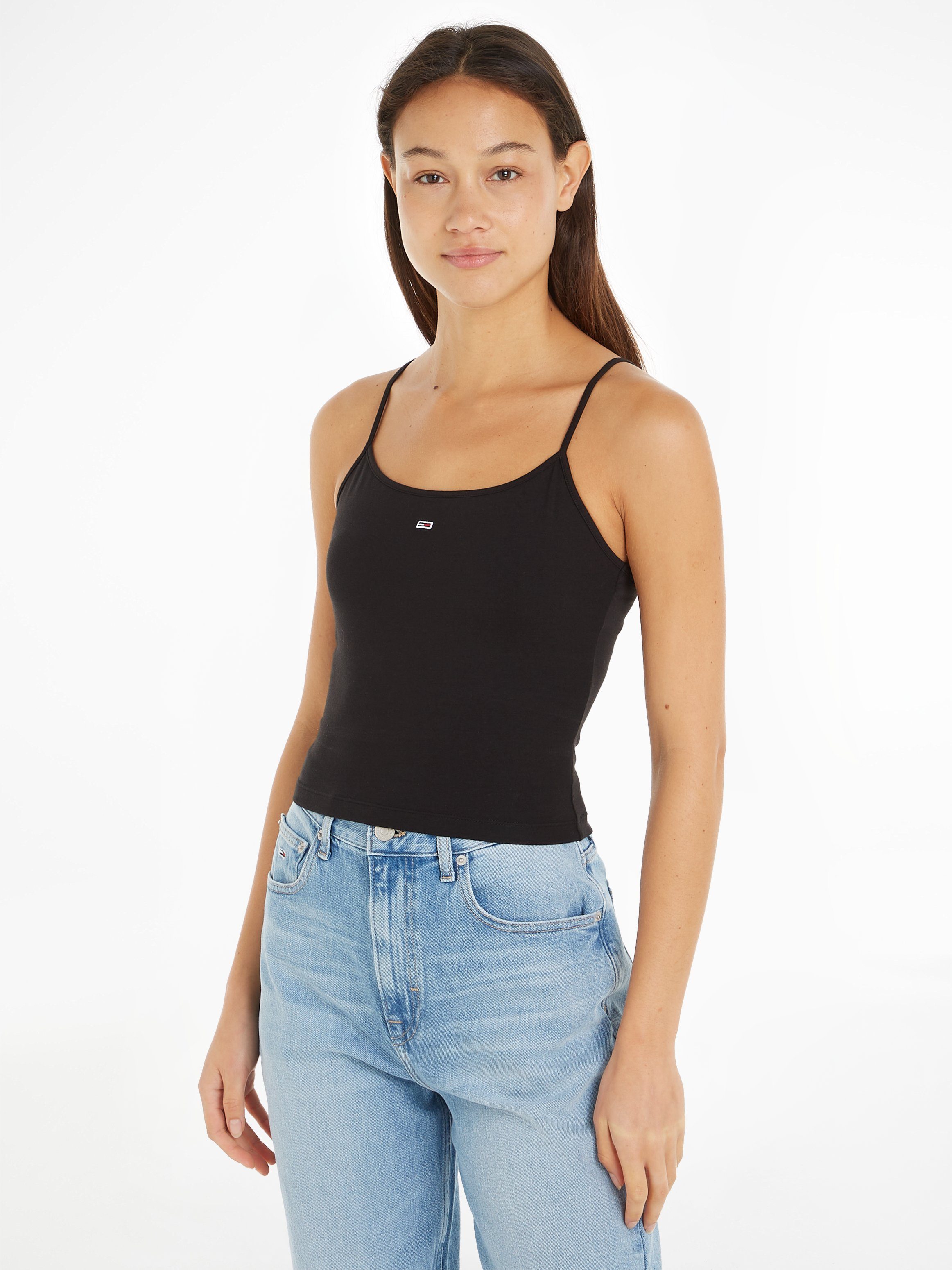 TOMMY JEANS Top met spaghettibandjes Crop Essential Strap Tank Top, kort met verstelbare spaghettibandjes merklogo