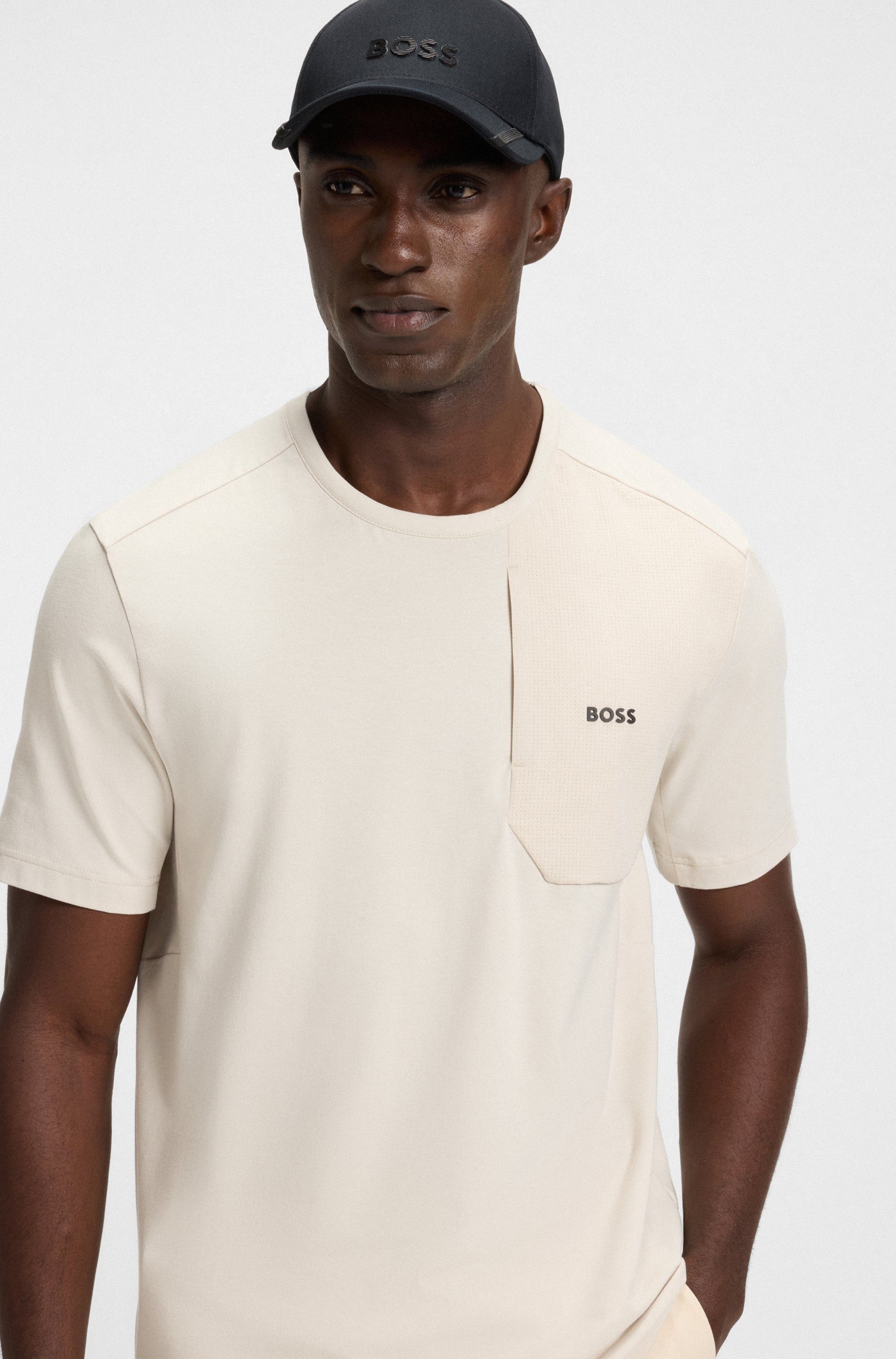BOSS GREEN T-shirt Tee PKT Glamping met materialenmix