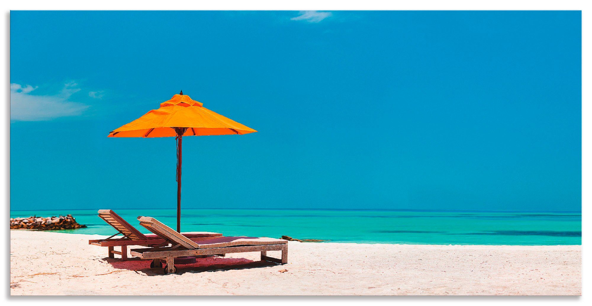 Artland Artprint Ligstoel parasol strand Malediven als artprint van aluminium, artprint voor buiten, artprint op linnen, poster, muursticker foto