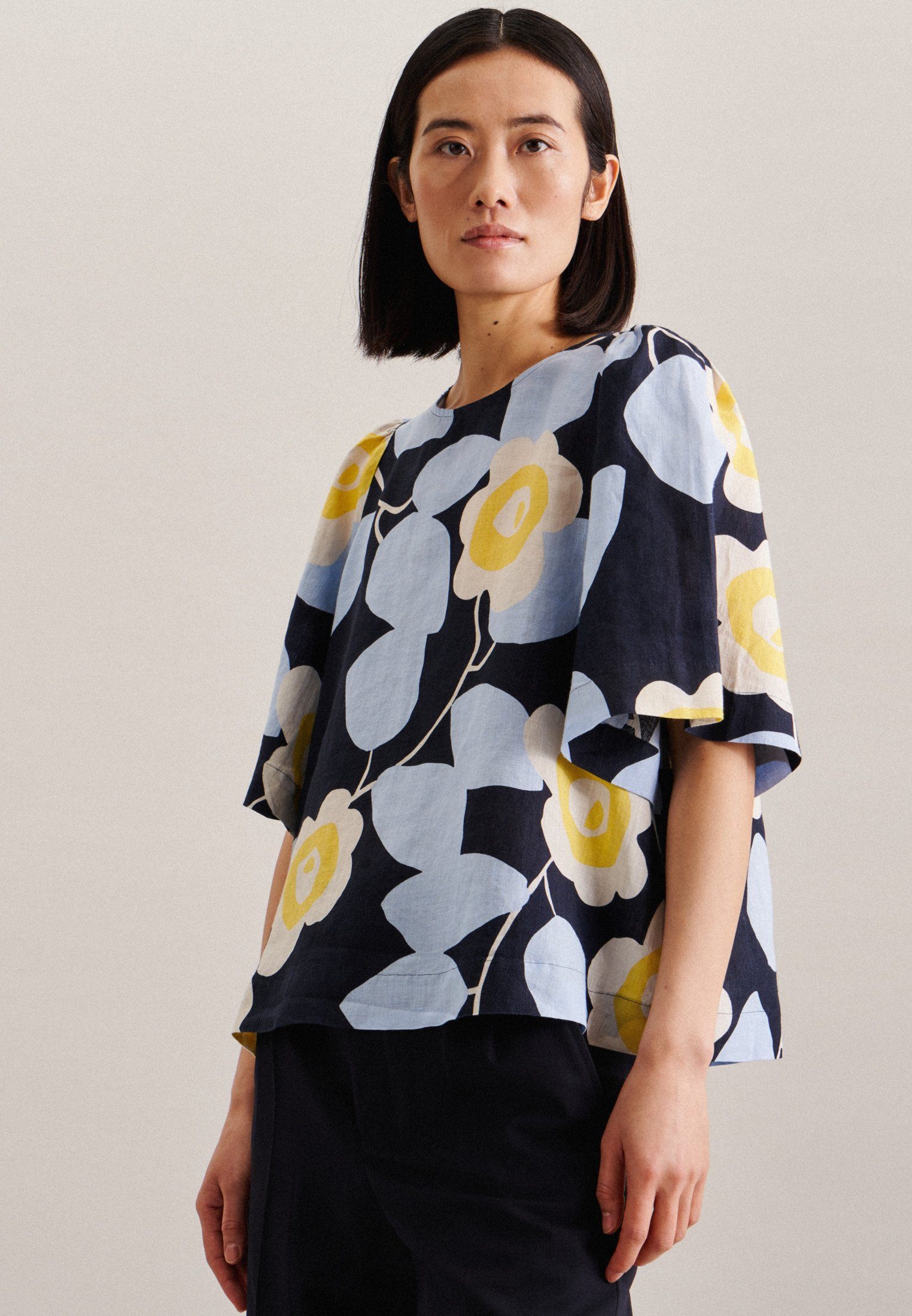 seidensticker Shirtblouse Zwarte roos Korte mouwen ronde hals print dames blouses maat XS (34) blauw