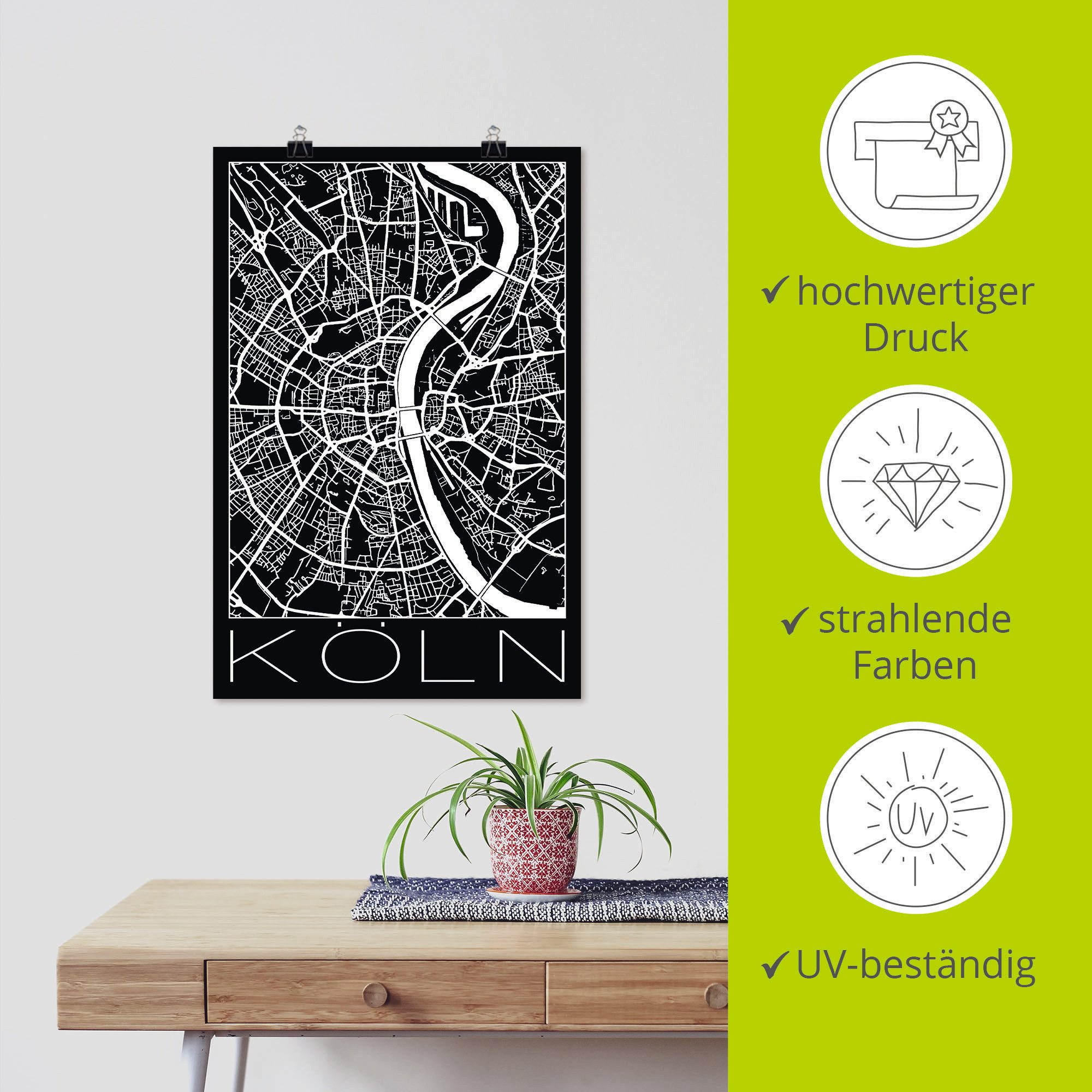 Artland Artprint Retro kaart Keulen Duitsland zwart als poster, muursticker in verschillende maten