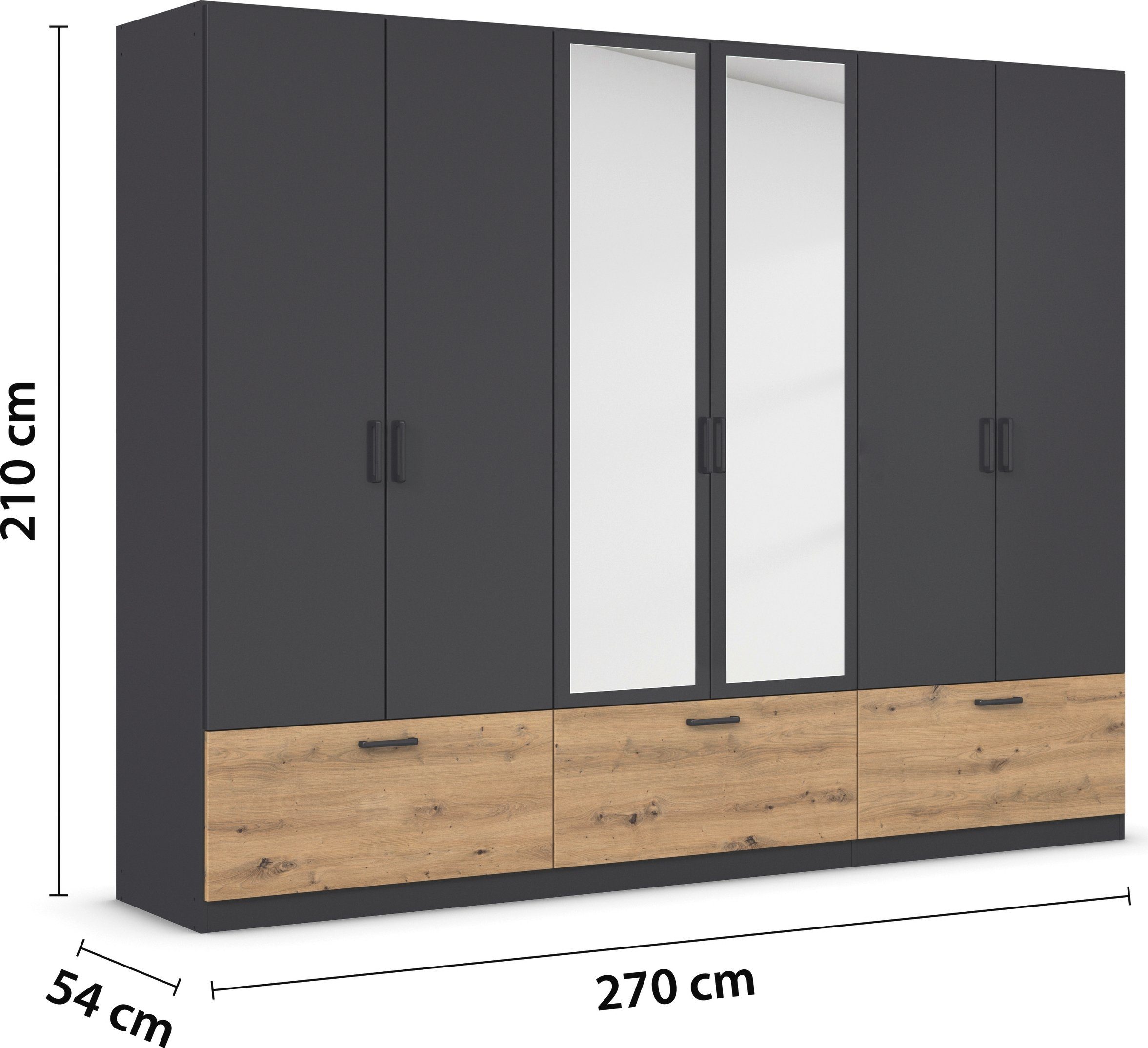 rauch Draaideurkast Kledingkast kast garderobe waskast BARI met spiegel met lades en moderne greep in grijs metallic made in germany