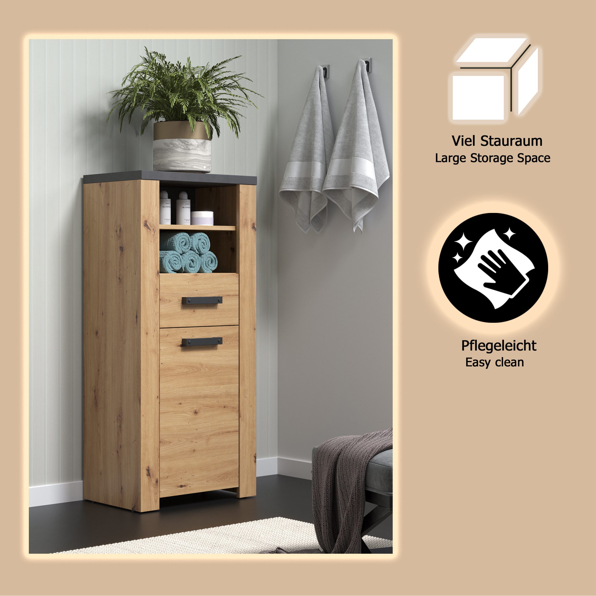 welltime Halfhoge kast Ambres Badkamerkast in matte echt houtlook - afmetingen (B/D/H) 53/35/118 cm (1 stuk)