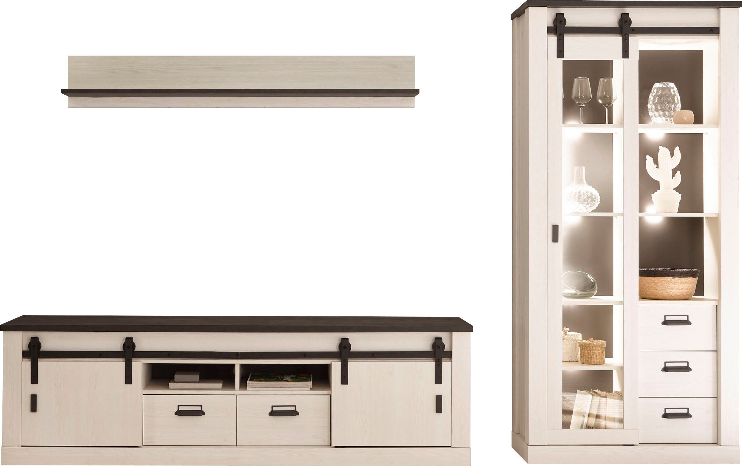 Home affaire Wandmeubel Sherwood Schuurdeurbeslag en apothekersgrepen van metaal, hoogte 201 cm (3-delig)
