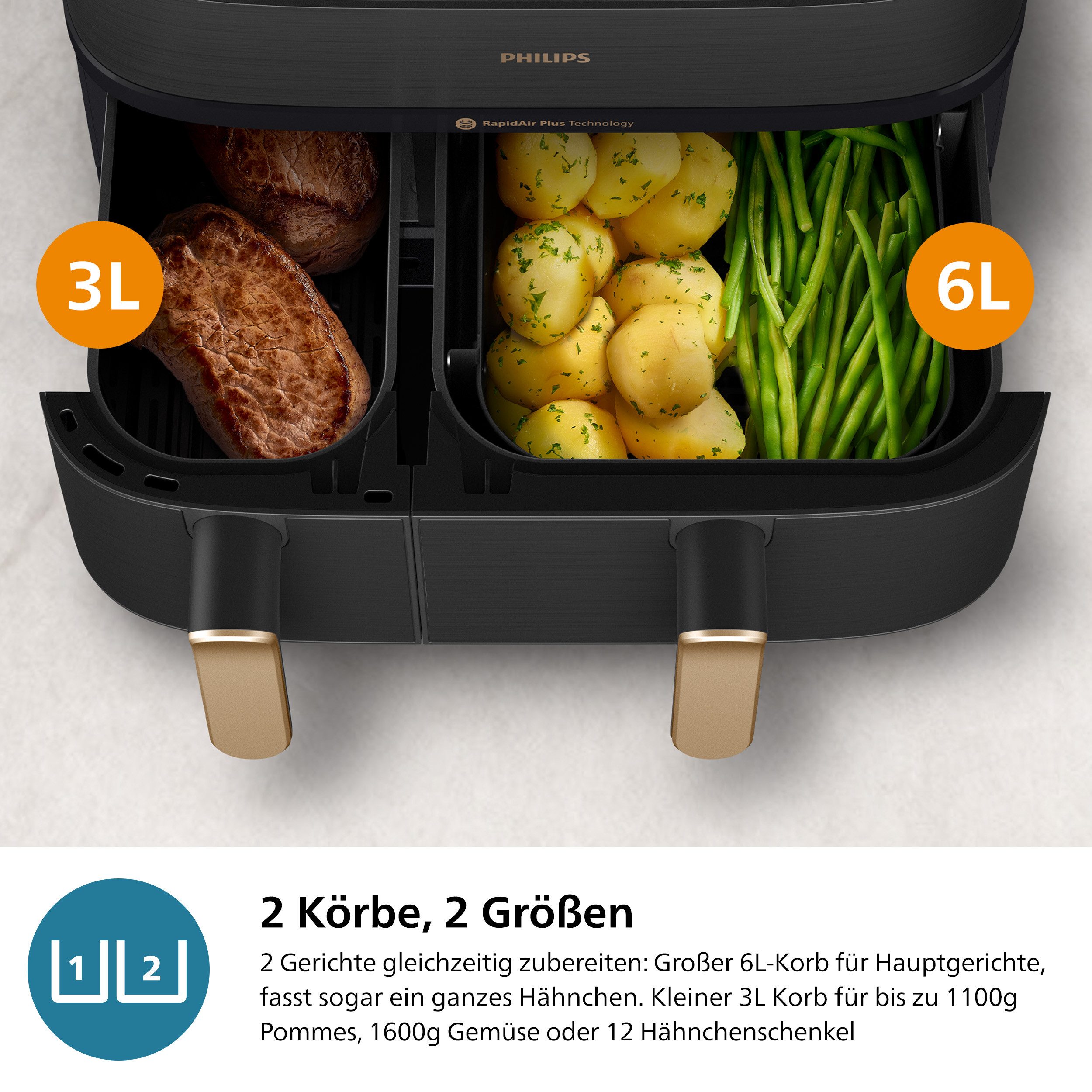 Philips Airfryer NA552/00 Steam Airfryer 5000 Series Dual Basket 9L Kapazität (3L+6L)