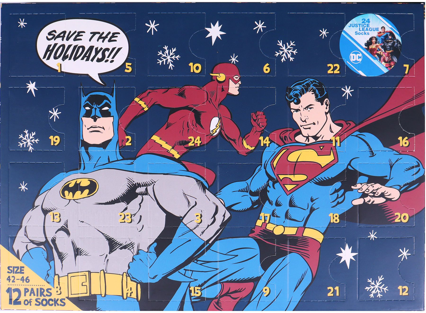 Capelli New York Adventskalender Kalender met 24 deuren, 12 paar sokken van Superman, Matman, Marvel