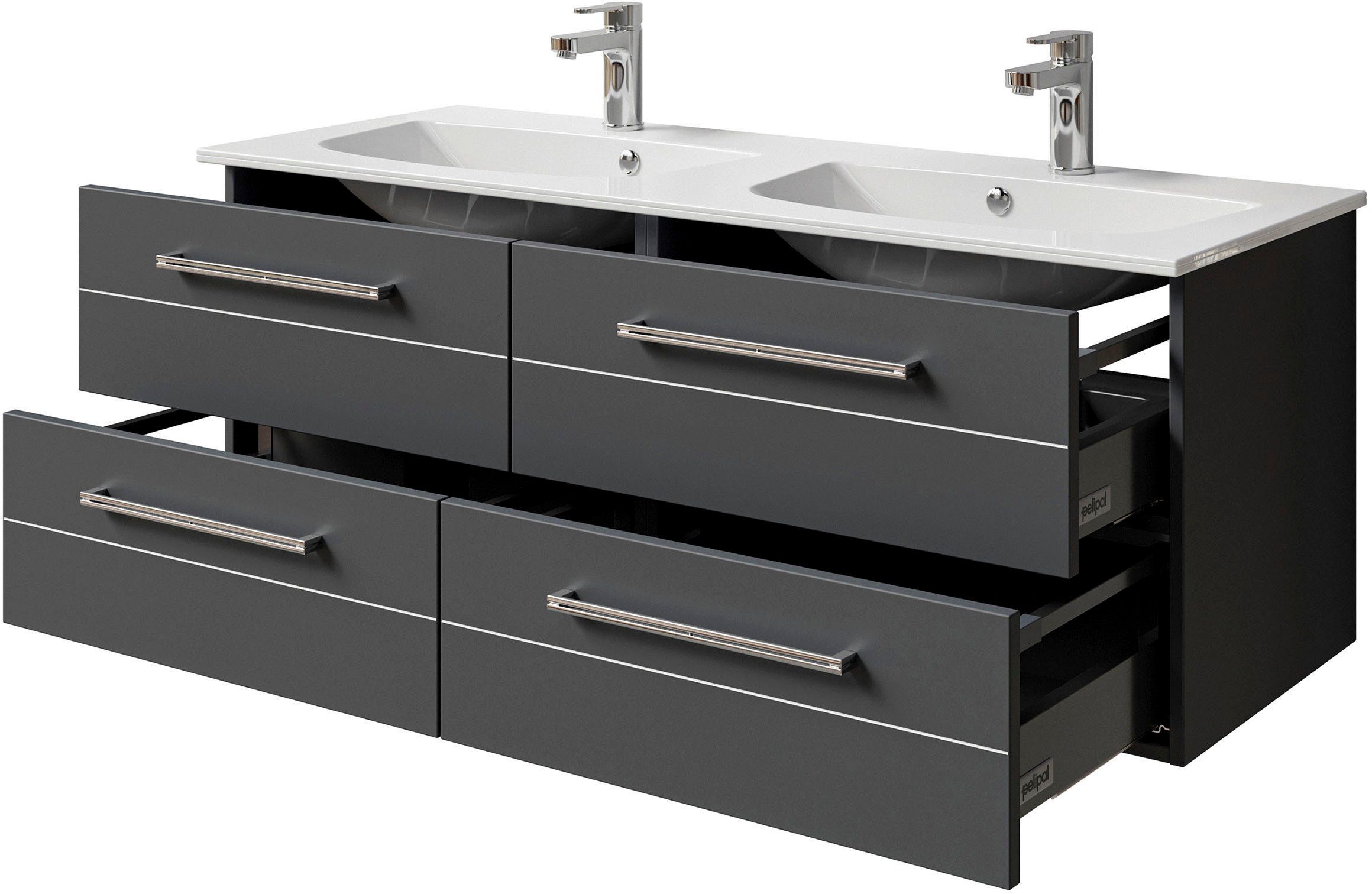 Saphir Wastafelonderkast Serie 6025 mineraalmarmeren wastafel met onderkast, 132 cm breed Dubbele wastafel met 4 lades, hangend, verschillende uitvoeringen (2-delig)