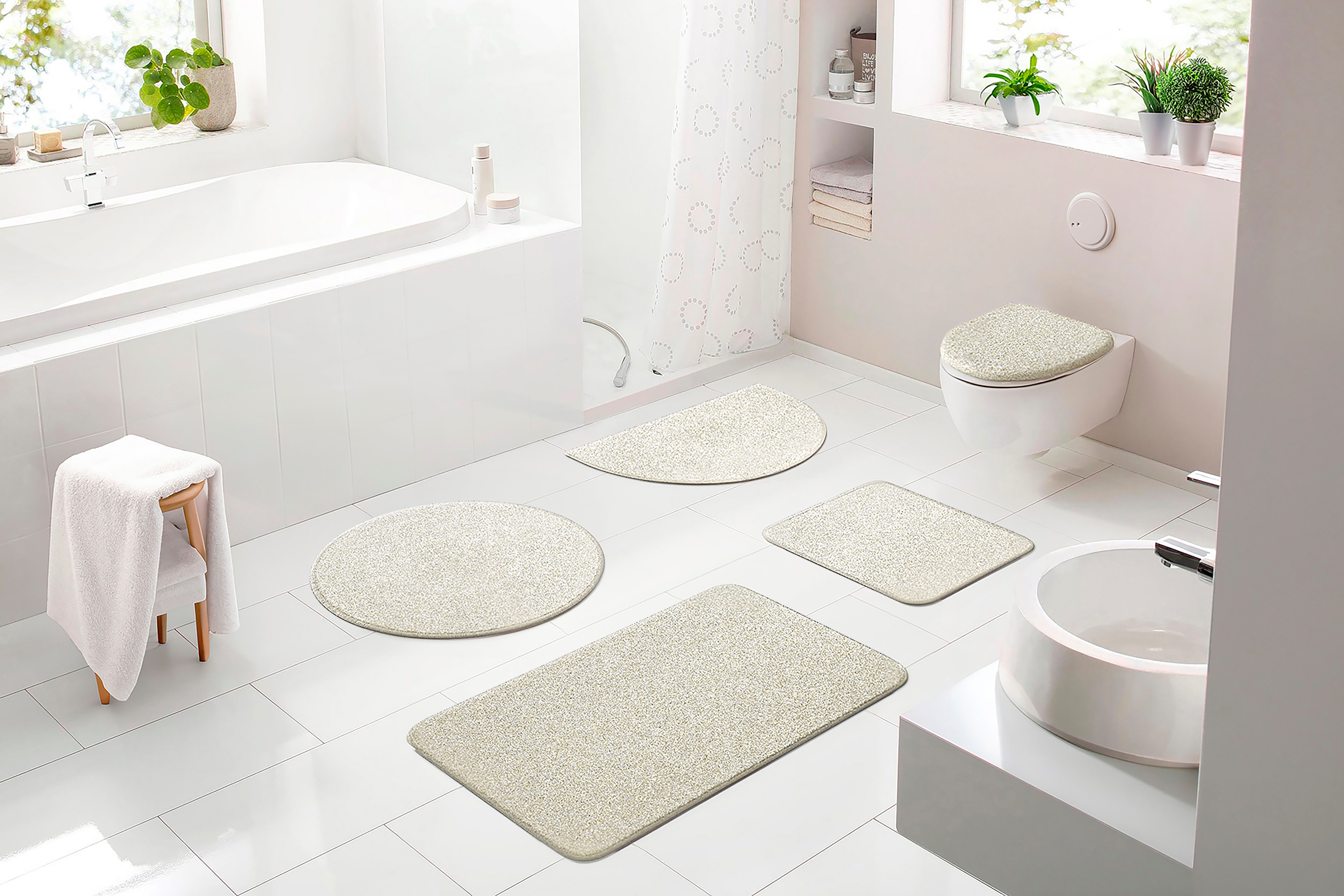 Grund Badmat Melos gemêleerde look, zeer zachte pool, melange-effect, made in europe badmatten maat 3-delige set voor staand toilet wit