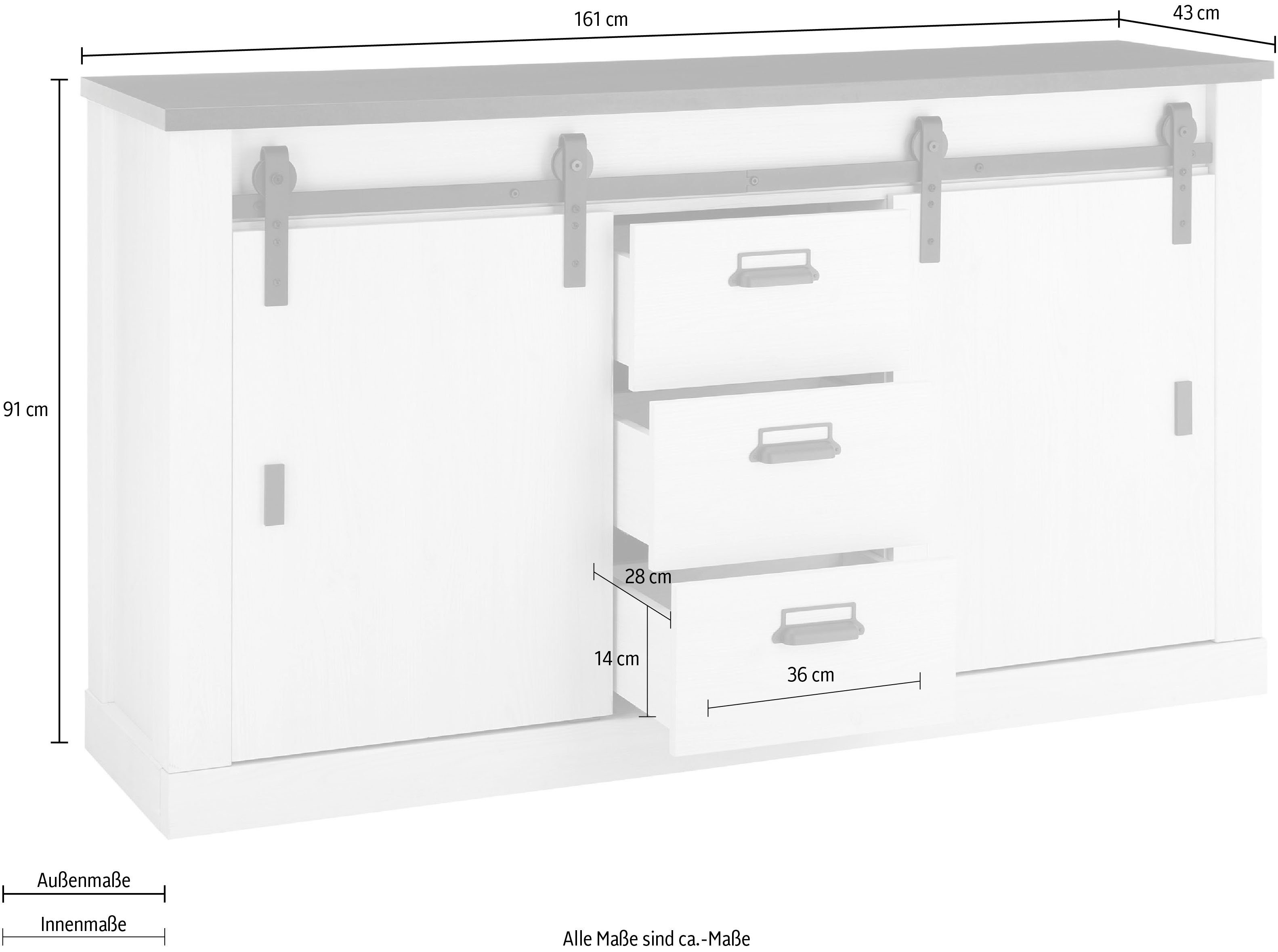 Home affaire Dressoir Sherwood Houtdecor, met schuurdeurbeslag en apothekersgrepen, breedte 161 cm