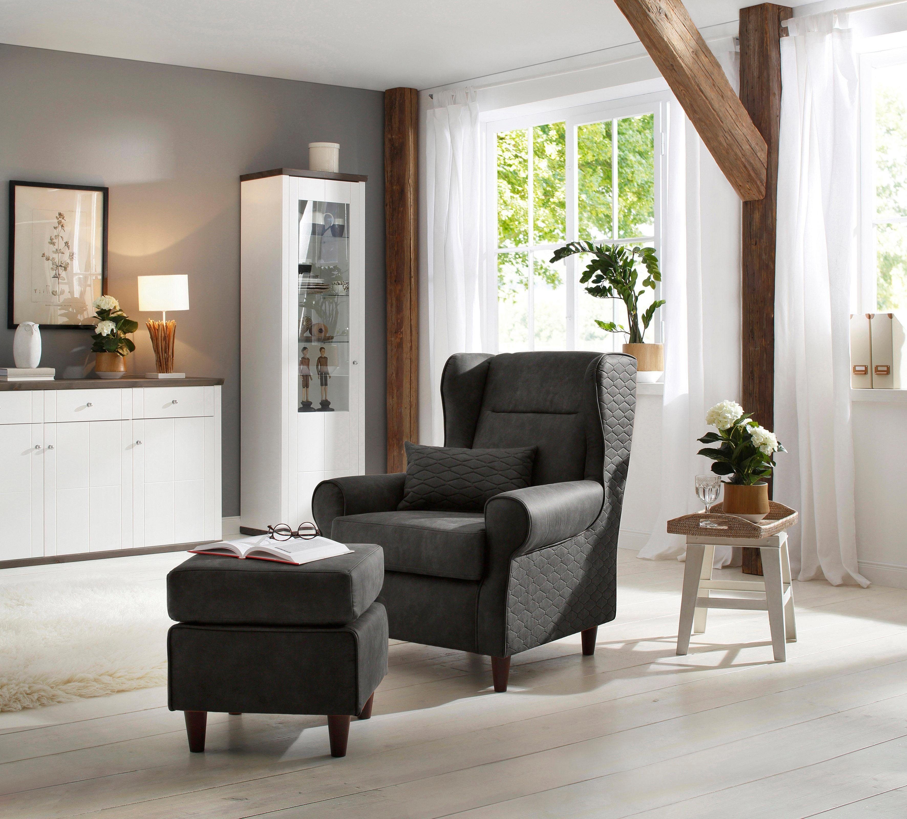 Home affaire Oorfauteuil Eric inclusief hocker in ruitstof of luxe-microvezel vintage-look