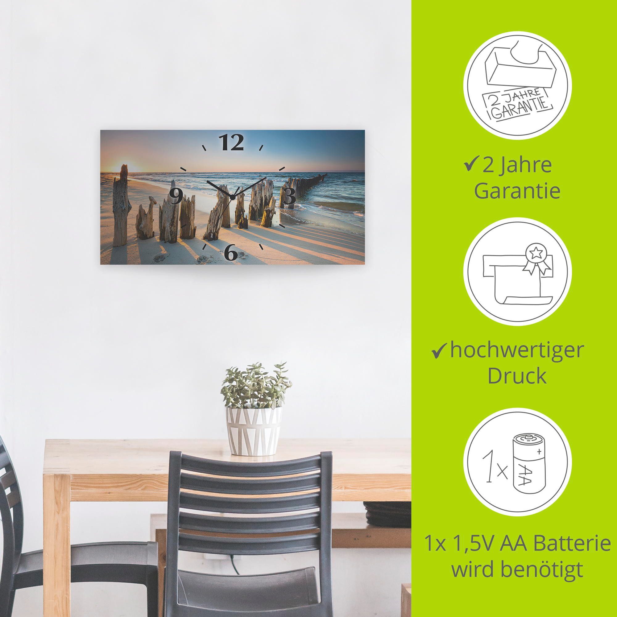 Artland Wandklok Zonsondergang strand golfbreker 3d-look geschulpt, met kwarts- of radiografisch uurwerk, verschillende maten
