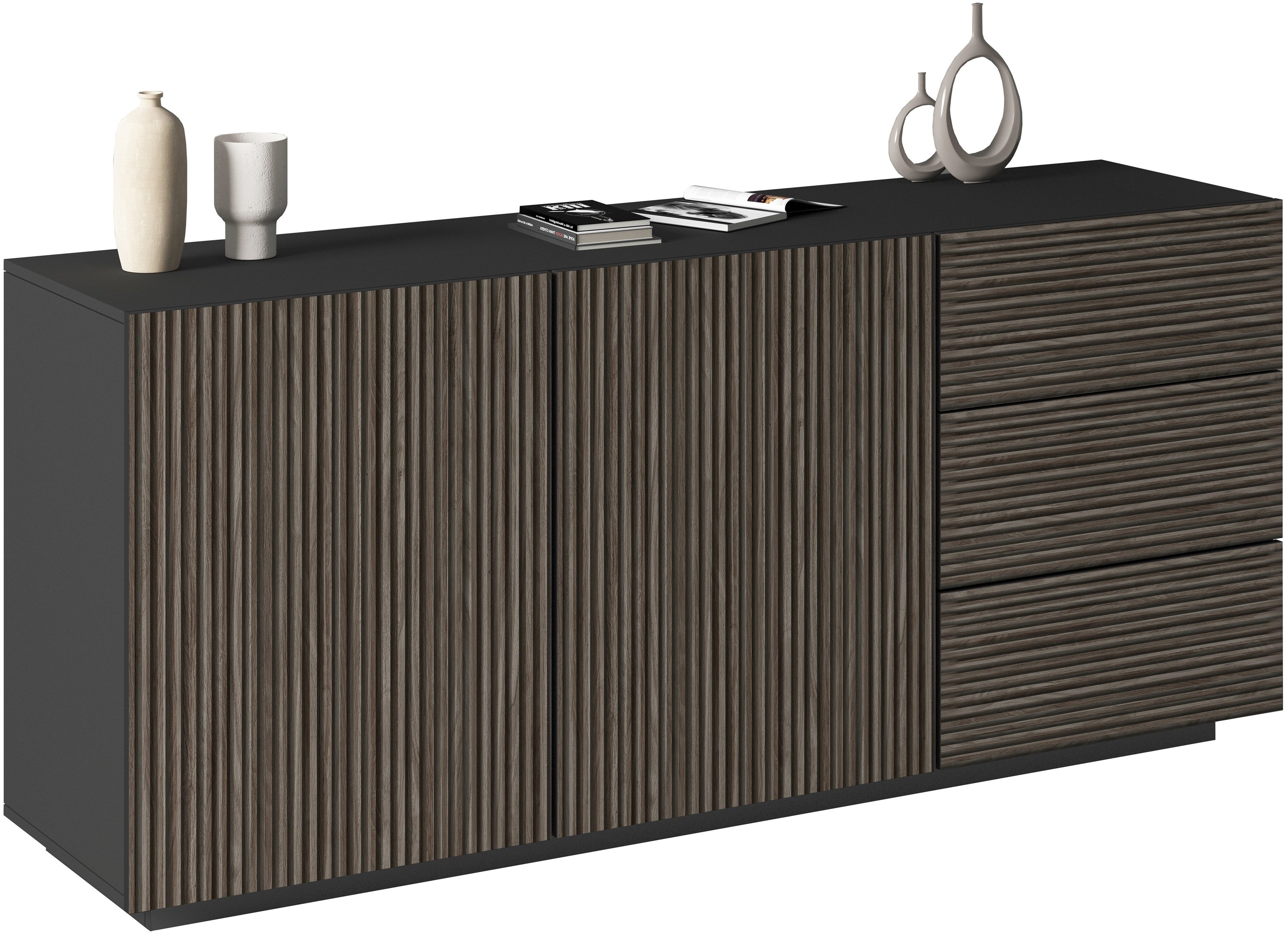 INOSIGN Dressoir Vega Sideboard, Ladekast, 180 cm met 2 deuren en 3 lades, fronten met groeflook