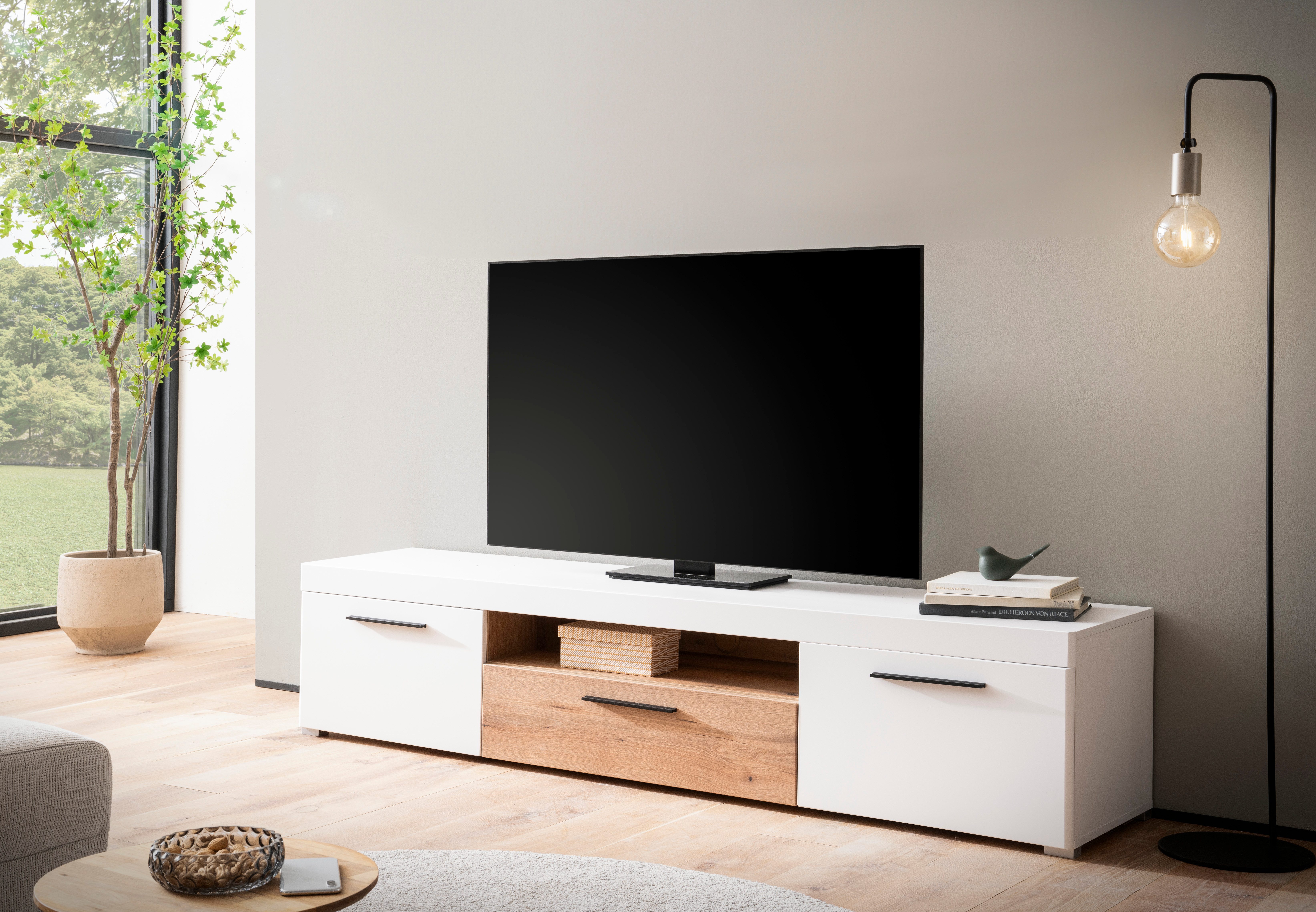 INOSIGN Tv-meubel Salerno, moderne onderkast, commode in wit met Eiken Evoke decor Metalen handgrepen, voldoende opbergruimte, veelzijdig inzetbaar, 205 cm breed