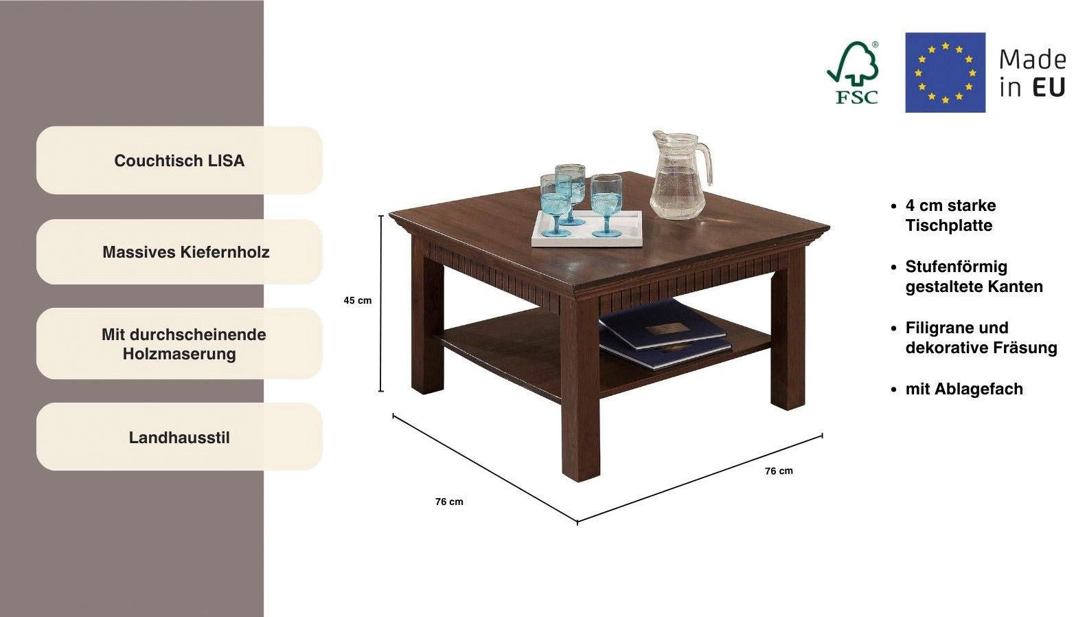 Home affaire Salontafel Lisa Koffietafel, massief grenenhout, B/D/H: 76x76x45 cm