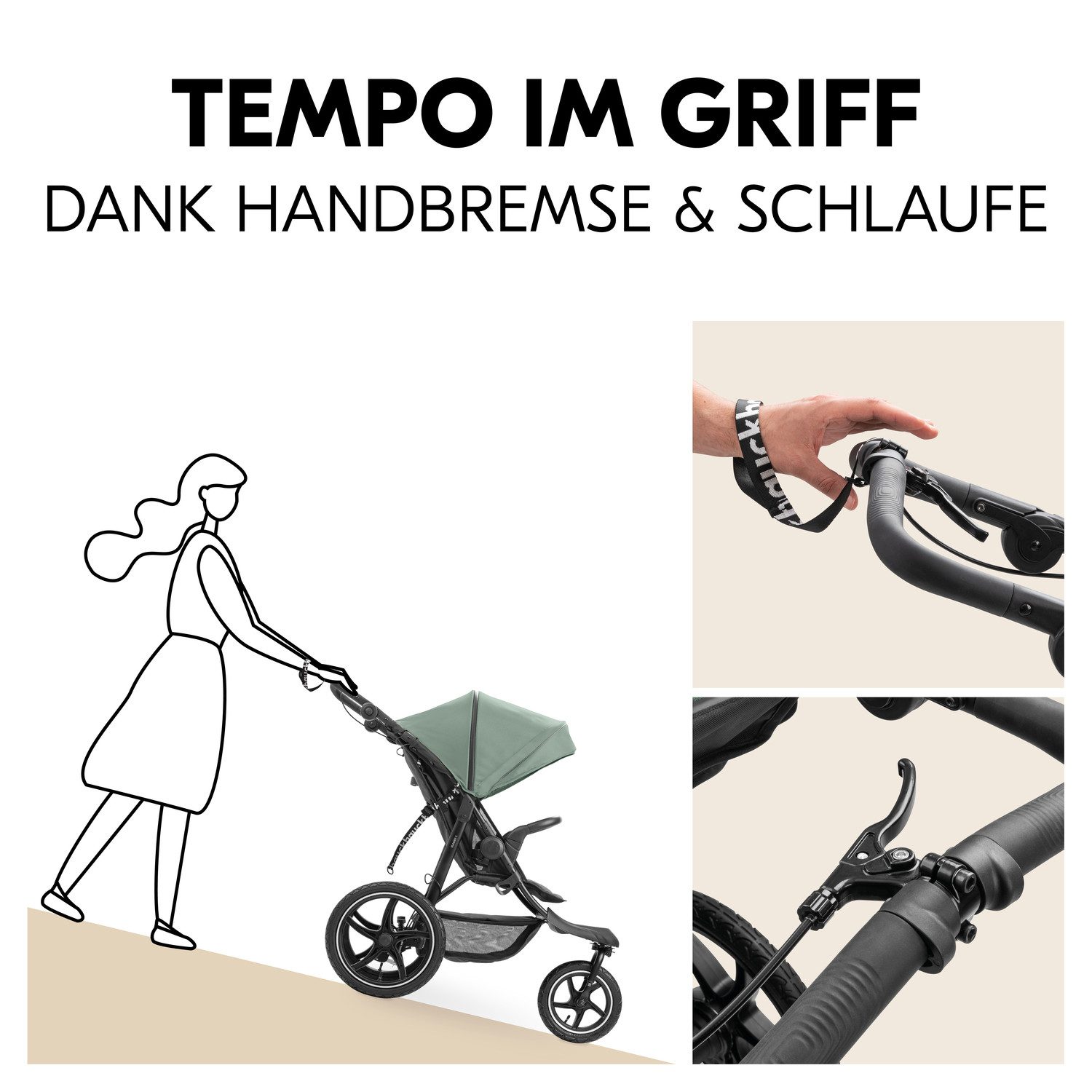 Hauck Kinderwagen met drie wielen Runner 3, Jungle Green met xxl-luchtwielen en handrem, tot 22 kg belastbaar