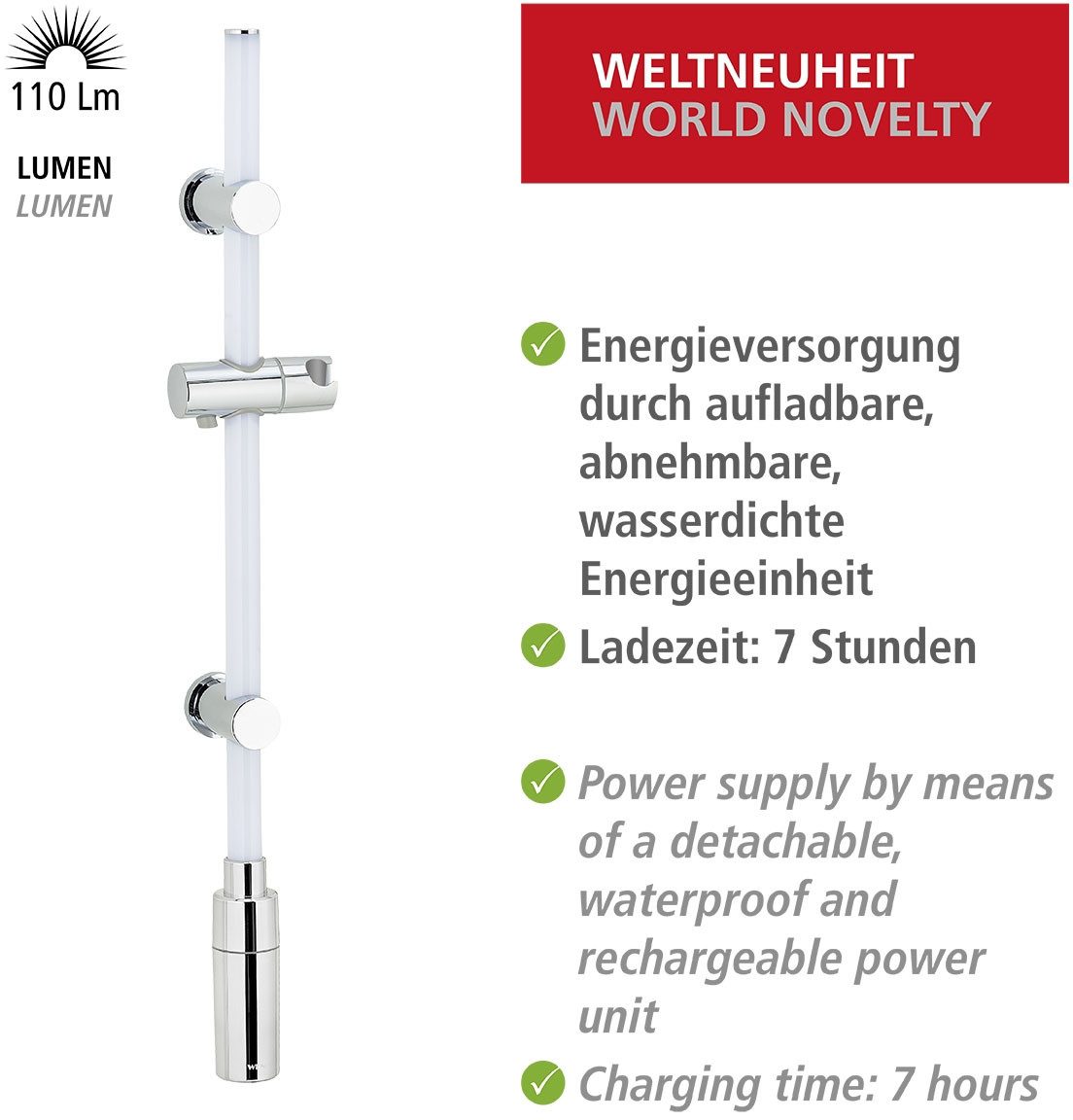 WENKO Douchestang met ledverlichting Lengte: 74 cm, warmwit, inclusief oplaadbare eenheid