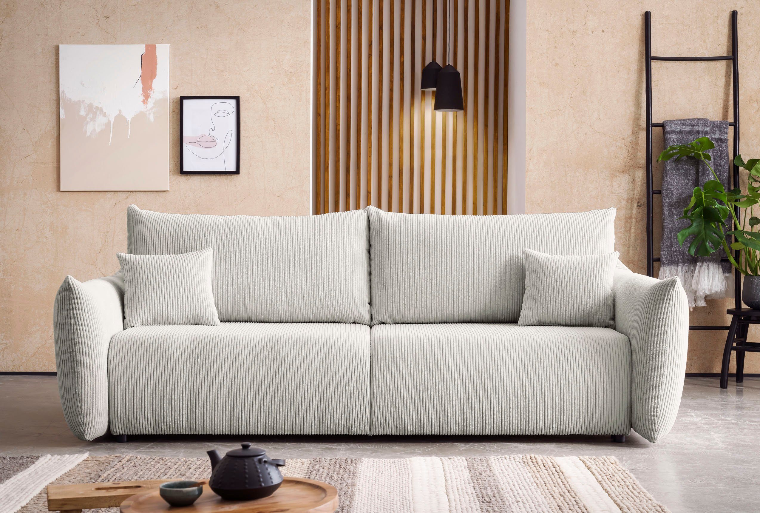 INOSIGN 3-zitsbank MAVAS slaapbank met bedlade ca. 240/108 cm (ligoppervlak 212/145 cm), ribfluweel, chenille, structuur